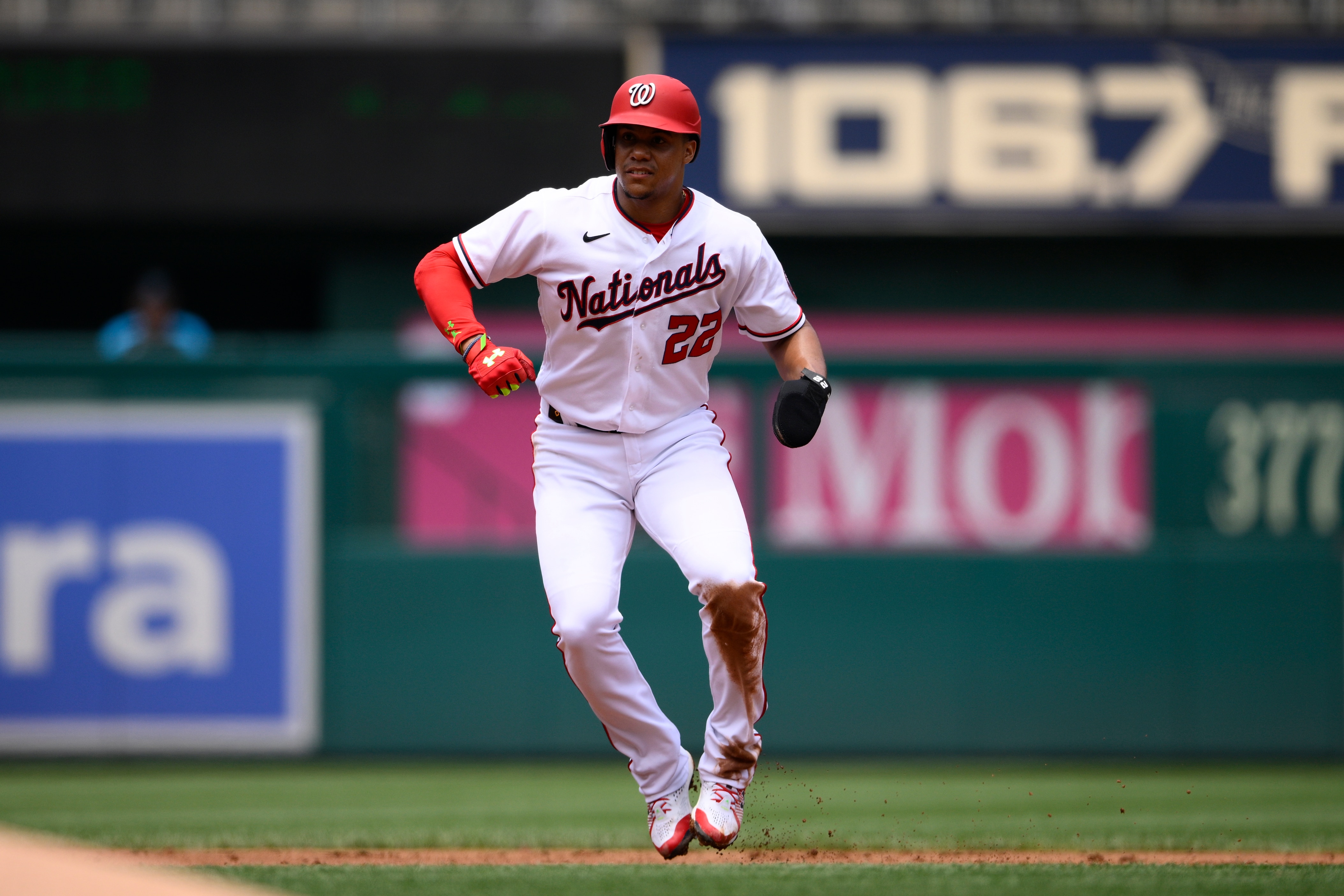 Washington Nationals' Juan Soto takes a lead from second during the first inning of a baseball game against the Miami Marlins, Sunday, July 3, 2022, in Washington. (AP Photo/Nick Wass)