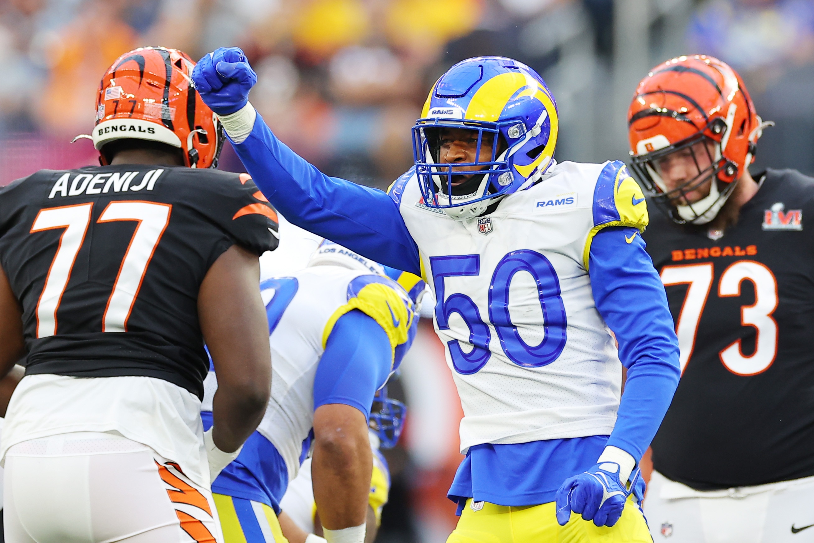 INGLEWOOD, CALIFORNIA - FEBRUARY 13: Ernest Jones #50 of the Los Angeles Rams reacts following a play during the first quarter of Super Bowl LVI against the Cincinnati Bengals at SoFi Stadium on February 13, 2022 in Inglewood, California. (Photo by Kevin C. Cox/Getty Images) INGLEWOOD, CALIFORNIA - FEBRUARY 13: Ernest Jones #50 of the Los Angeles Rams reacts following a play during the first quarter of Super Bowl LVI against the Cincinnati Bengals at SoFi Stadium on February 13, 2022 in Inglewood, California. (Photo by Kevin C. Cox/Getty Images)