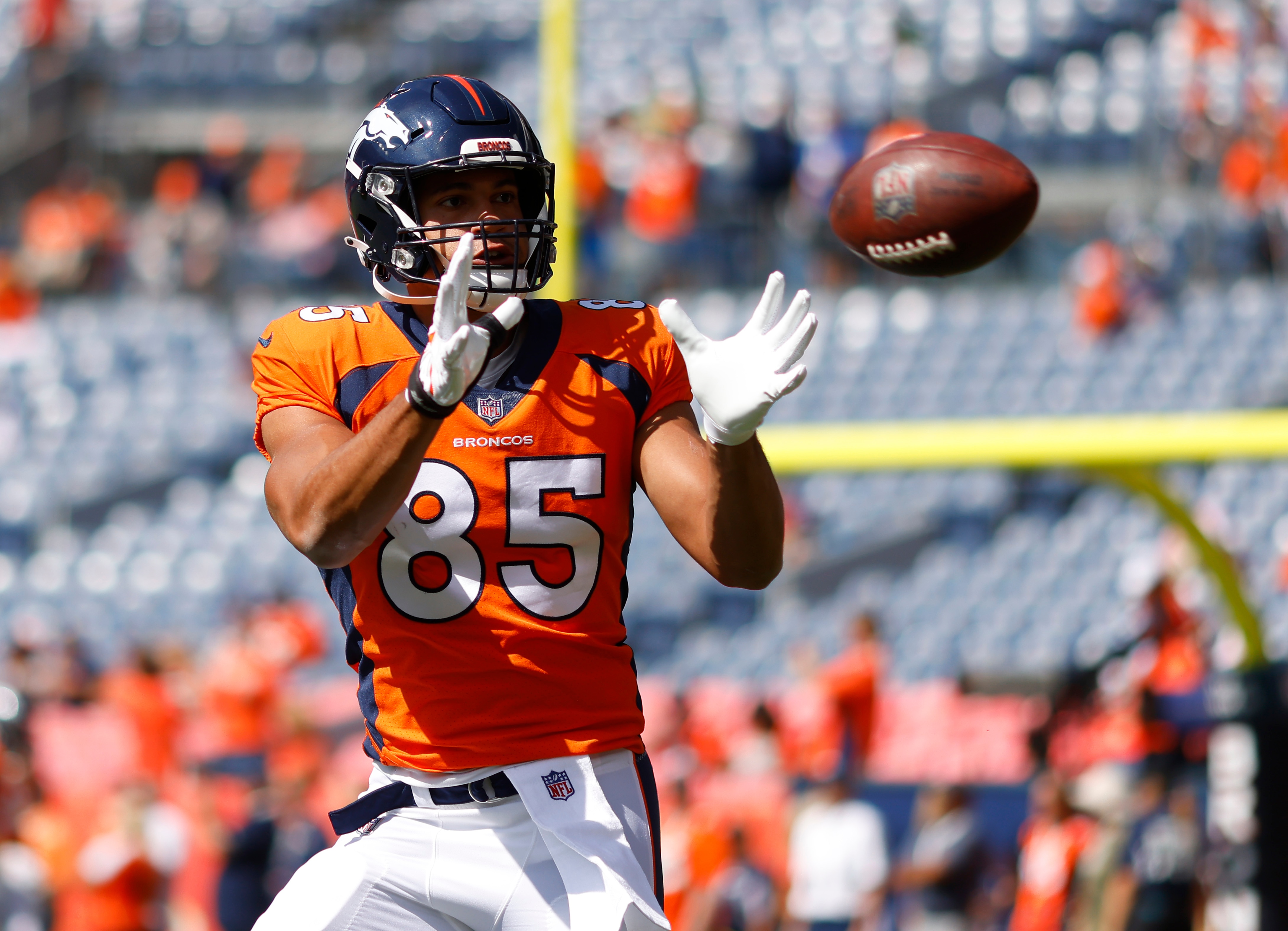 DENVER, COLORADO - SEPTEMBER 26: Albert Okwuegbunam #85 of the Denver Broncos warms up before the game againt the New York Jets at Empower Field At Mile High on September 26, 2021 in Denver, Colorado. (Photo by Justin Edmonds/Getty Images) DENVER, COLORADO - SEPTEMBER 26: Albert Okwuegbunam #85 of the Denver Broncos warms up before the game againt the New York Jets at Empower Field At Mile High on September 26, 2021 in Denver, Colorado. (Photo by Justin Edmonds/Getty Images)