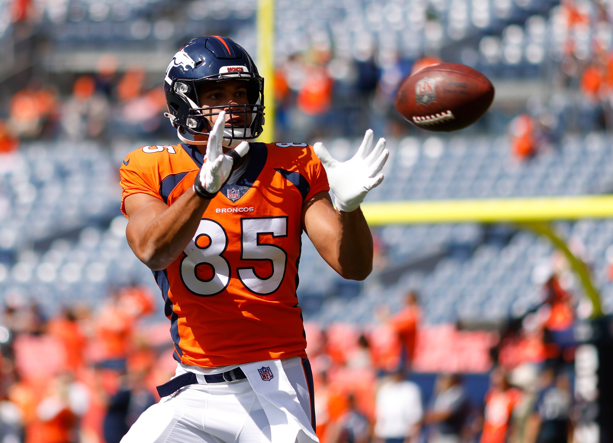 DENVER, COLORADO - SEPTEMBER 26: Albert Okwuegbunam #85 of the Denver Broncos warms up before the game againt the New York Jets at Empower Field At Mile High on September 26, 2021 in Denver, Colorado. (Photo by Justin Edmonds/Getty Images)