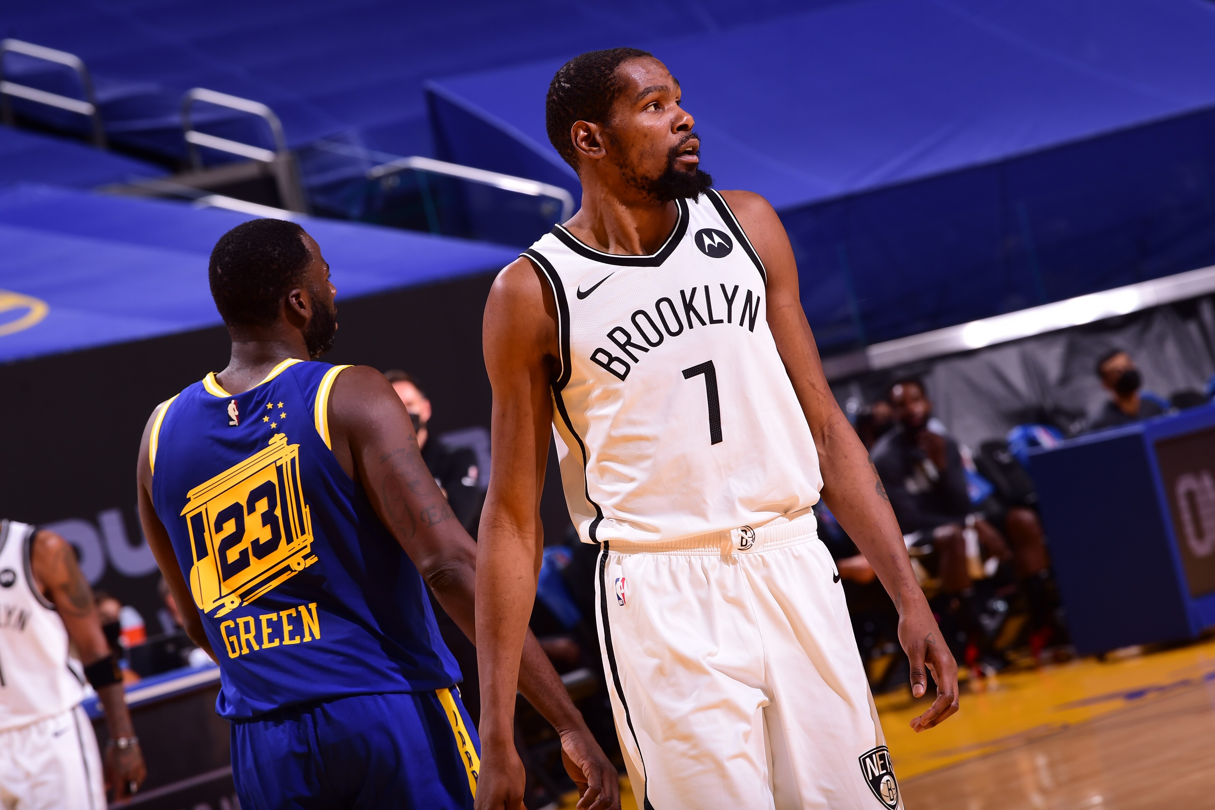 SAN FRANCISCO, CA - FEBRUARY 13: Kevin Durant #7 of the Brooklyn Nets looks on during the game against the Golden State Warriors on February 13, 2021 at Chase Center in San Francisco, California. NOTE TO USER: User expressly acknowledges and agrees that, by downloading and or using this photograph, user is consenting to the terms and conditions of Getty Images License Agreement. Mandatory Copyright Notice: Copyright 2021 NBAE (Photo by Noah Graham/NBAE via Getty Images)