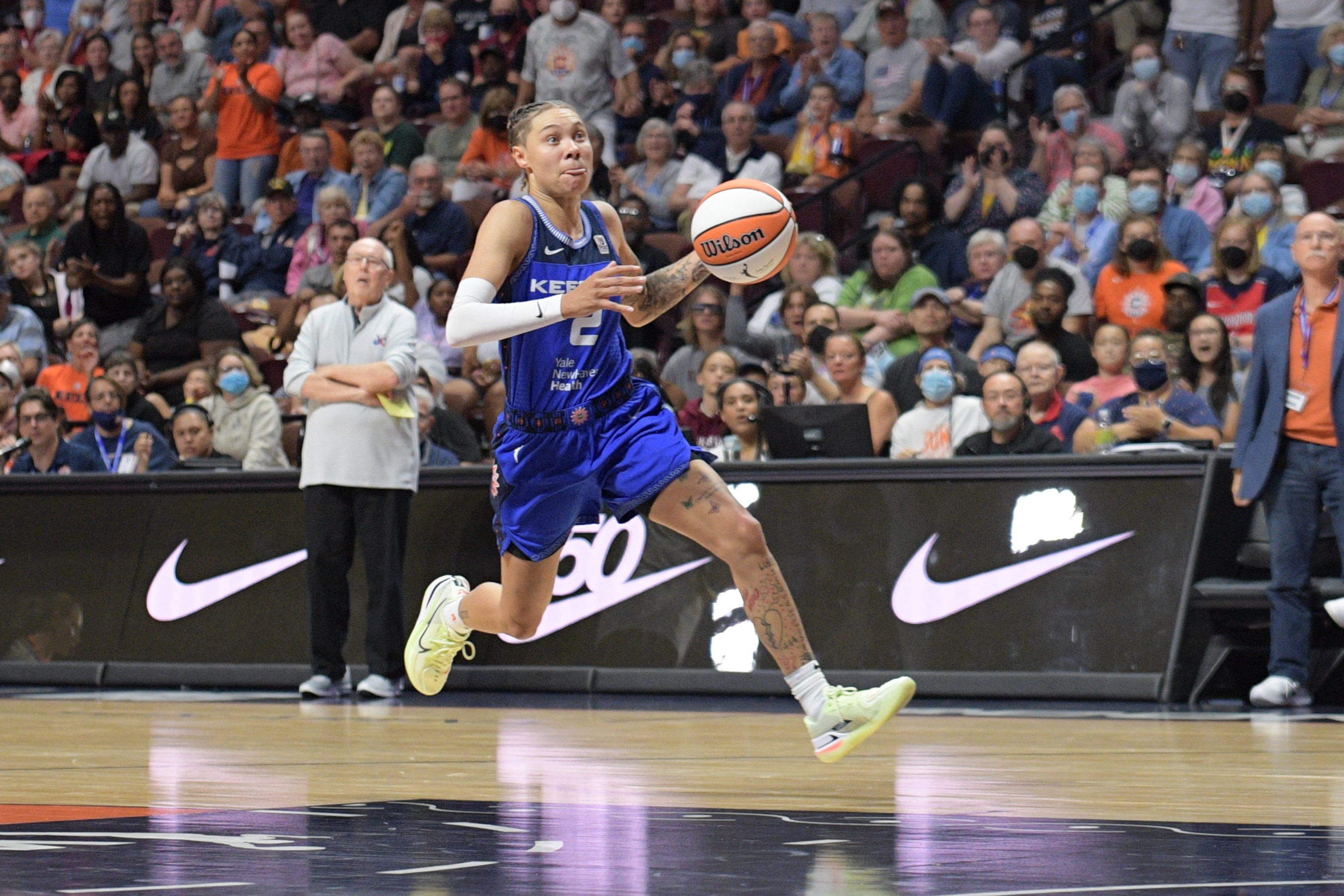 UNCASVILLE, CT - JULY 03: Connecticut Sun guard Natisha Hiedeman (2) leads a fast break and gets ready to take an open layup in the WNBA game between the Washington Mystics and the Connecticut Sun on July 3, 2022, at Mohegan Sun Arena in Uncasville, CT. (Photo by Erica Denhoff/Icon Sportswire via Getty Images)