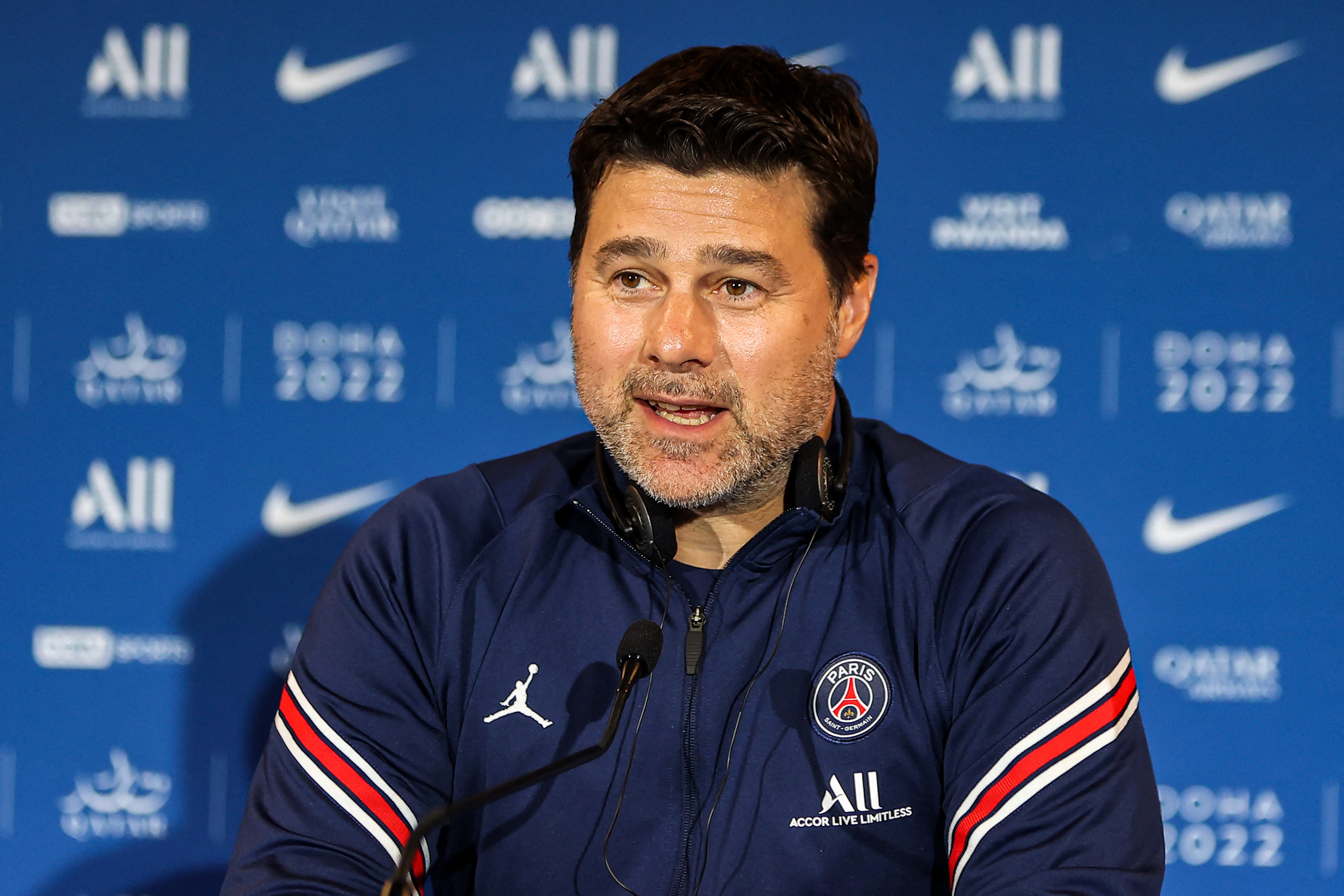Paris Saint-Germain's Argentinian head coach Mauricio Pochettino gives a press conference during the spring training camp in Qatar's capital Doha on May 15, 2022. (Photo by KARIM JAAFAR / AFP) (Photo by KARIM JAAFAR/AFP via Getty Images)