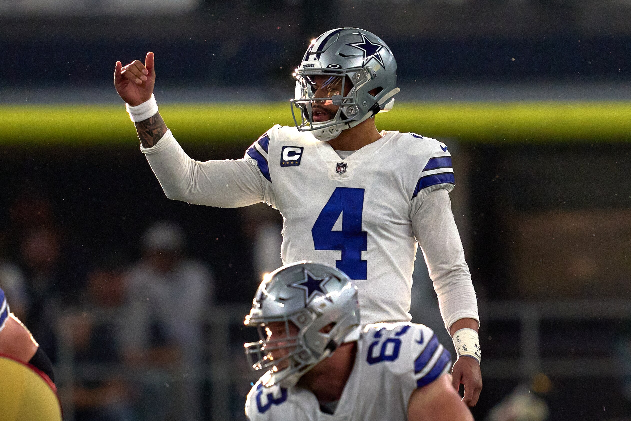 ARLINGTON, TX - JANUARY 16: Dallas Cowboys quarterback Dak Prescott (4) looks on during the NFC Wild Card game between the San Francisco 49ers and the Dallas Cowboys on January 16, 2022 at AT&T Stadium in Arlington, TX. (Photo by Robin Alam/Icon Sportswire via Getty Images)