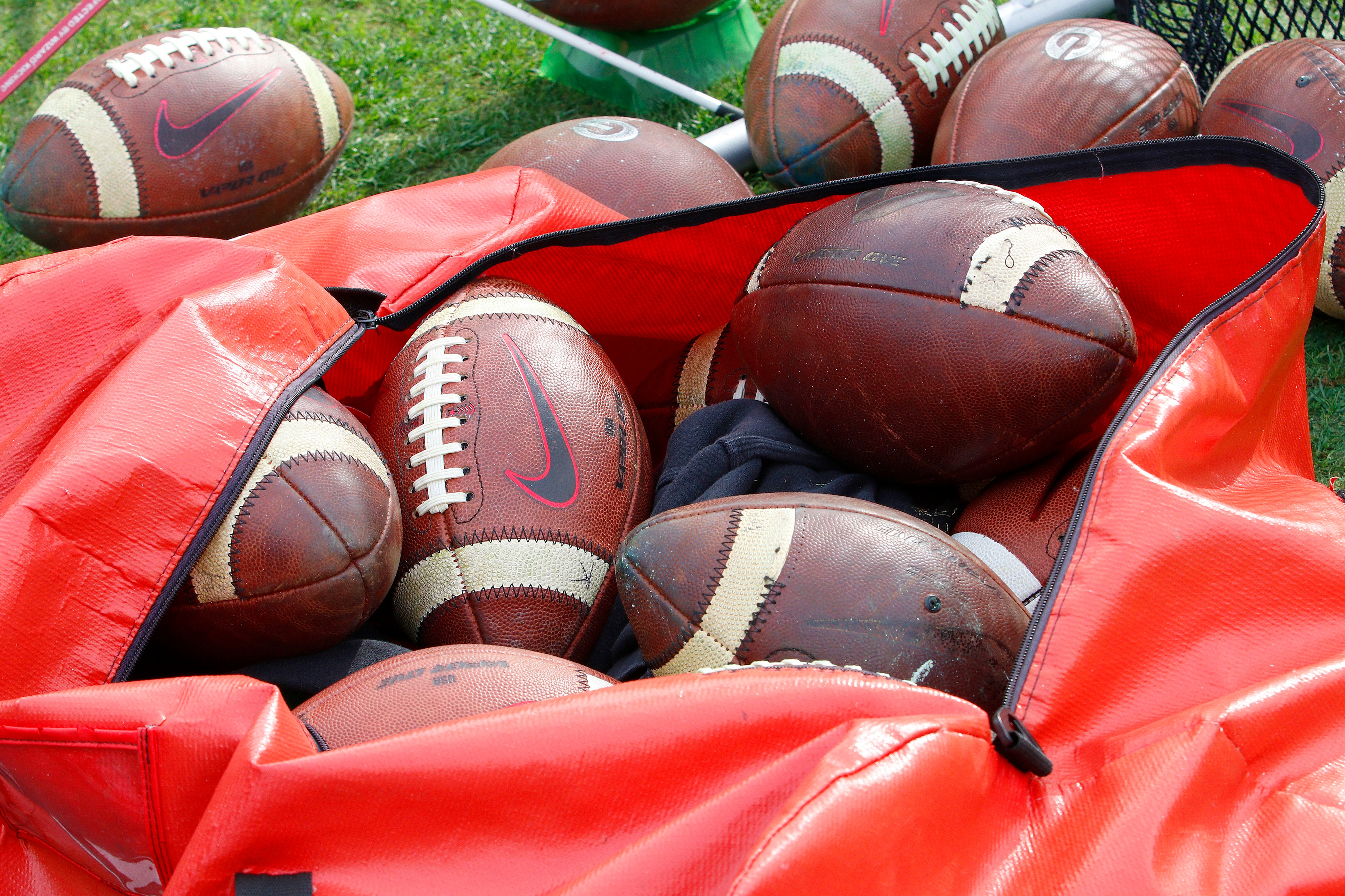 ATLANTA, GA - NOVEMBER 25: Nike footballs in a bag on the UGA sidelines during the college football game between the University of Georgia Bulldogs and the Georgia Tech Yellow Jackets on November 25, 2017, at Bobby Dodd Stadium in Atlanta, GA.  (Photo by David John Griffin/Icon Sportswire via Getty Images)