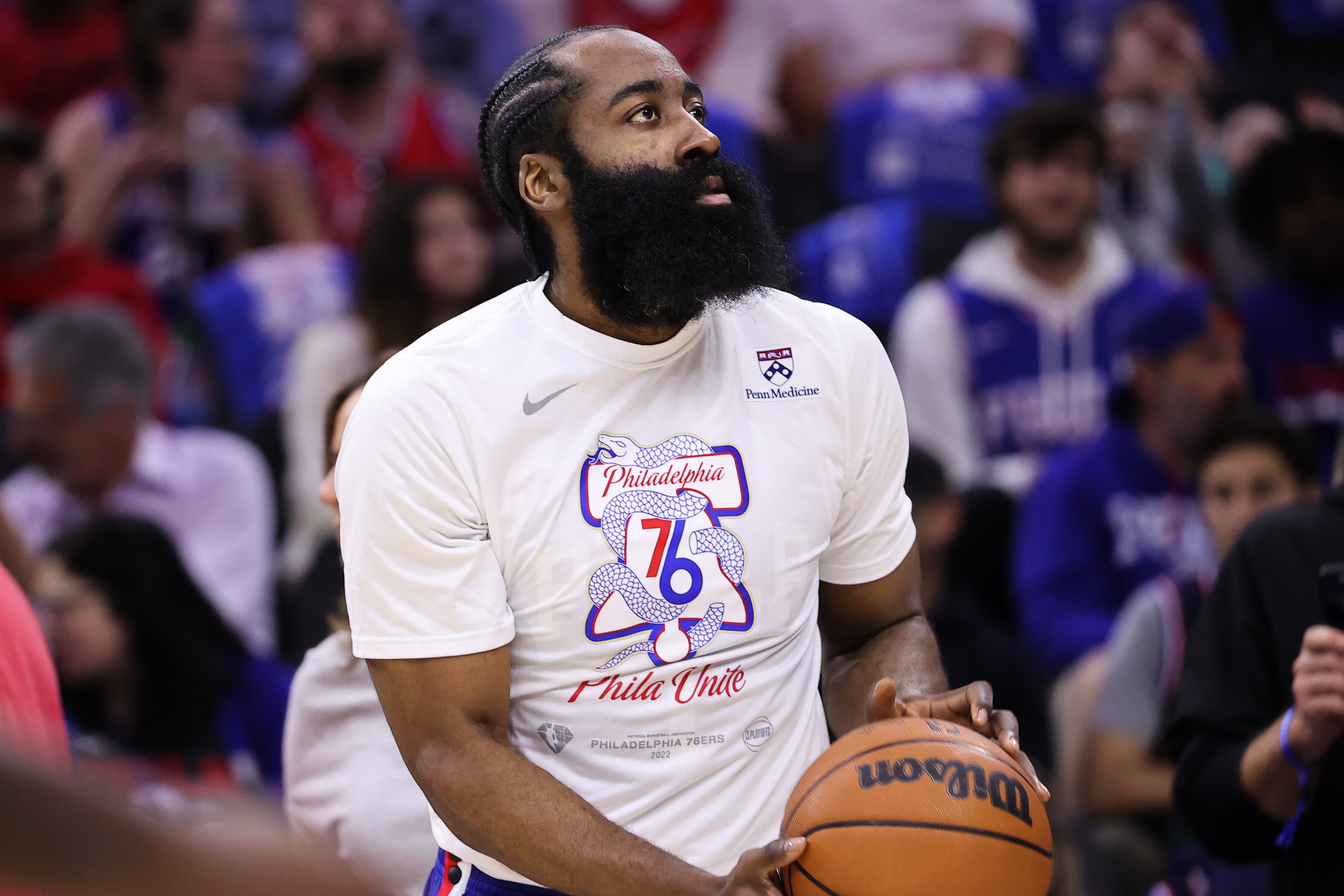 PHILADELPHIA, PA, USA - MAY 12: Philadelphia 76ers player James Harden warms up ahead of the NBA match between Philadelphia 76ers and Miami Heat at the Wells Fargo Center in Philadelphia, Pennsylvania, United States on May 12, 2022. (Photo by Tayfun Coskun/Anadolu Agency via Getty Images)