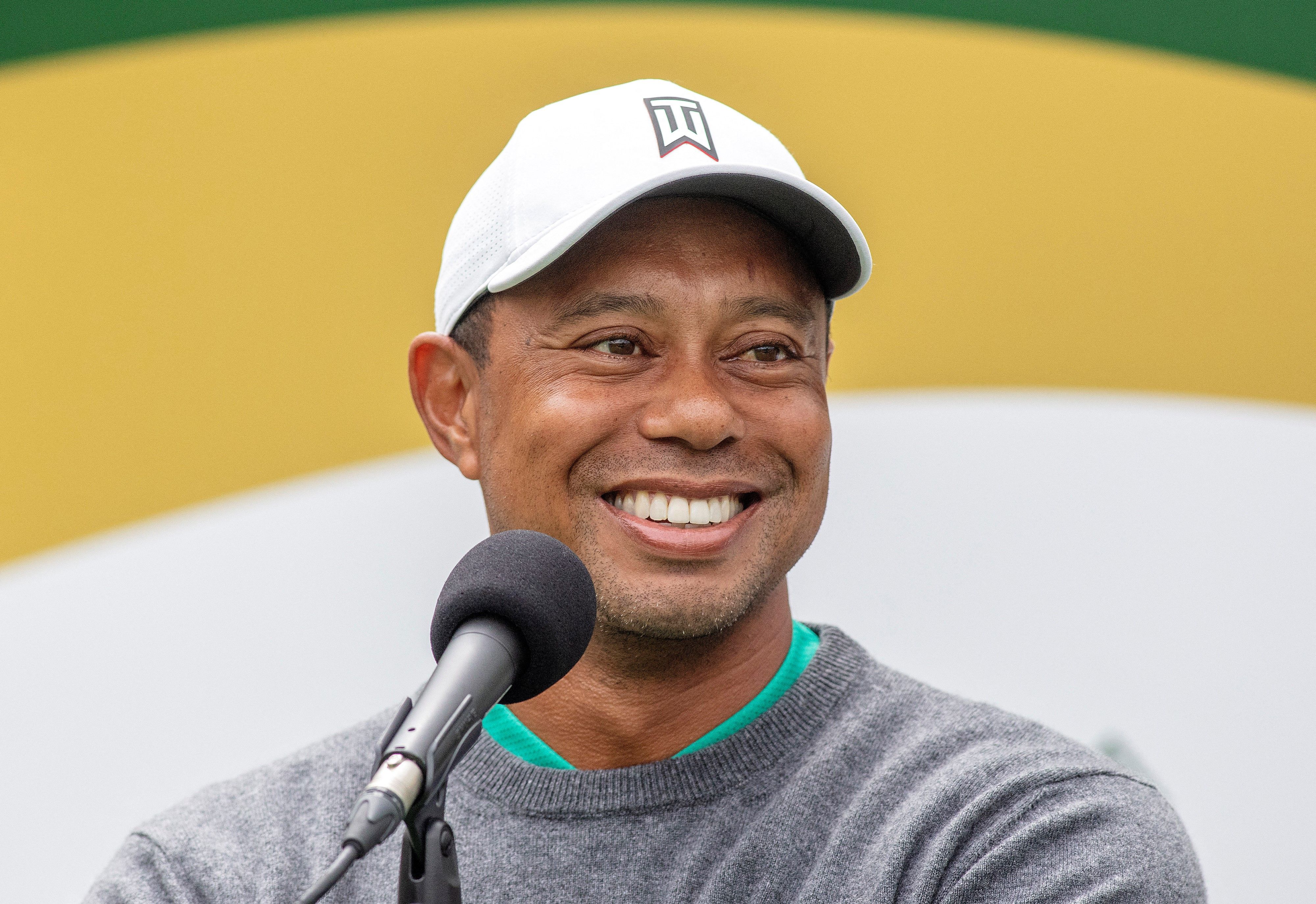 US golfer Tiger Woods speaks during a press conference on the second day of the JP McManus Pro-Am golf tournament at the The Golf Course at Adare Manor in Limerick, south-west Ireland July 5, 2022. (Photo by Paul Faith / AFP) (Photo by PAUL FAITH/AFP via Getty Images)