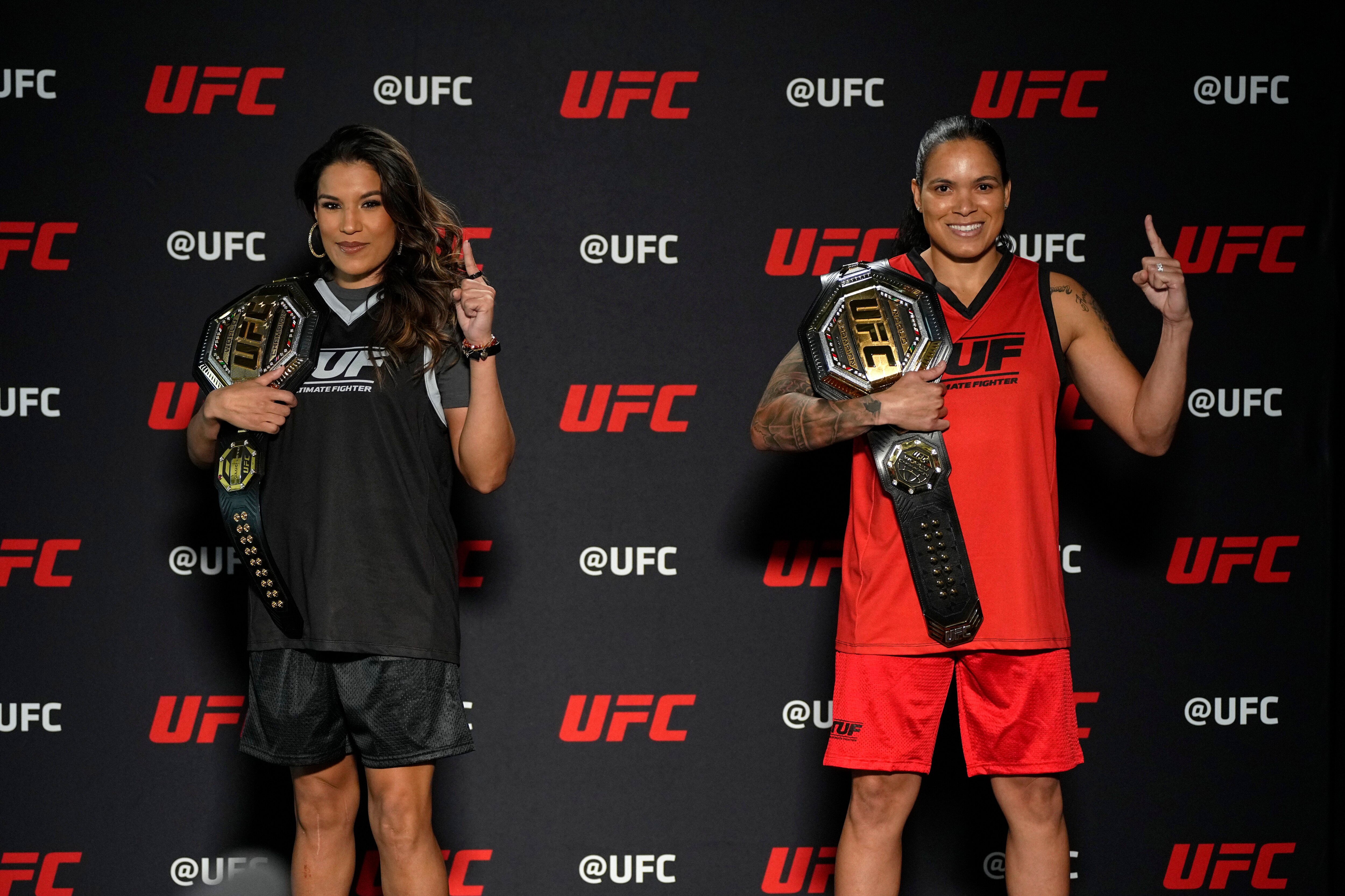 LAS VEGAS, NEVADA - FEBRUARY 07:   (L-R) Julianna Pena and Amanda Nunes pose for photos during The Ultimate Fighter media day on February 7, 2022 in Las Vegas, Nevada. (Photo by Jeff Bottari/Zuffa LLC)