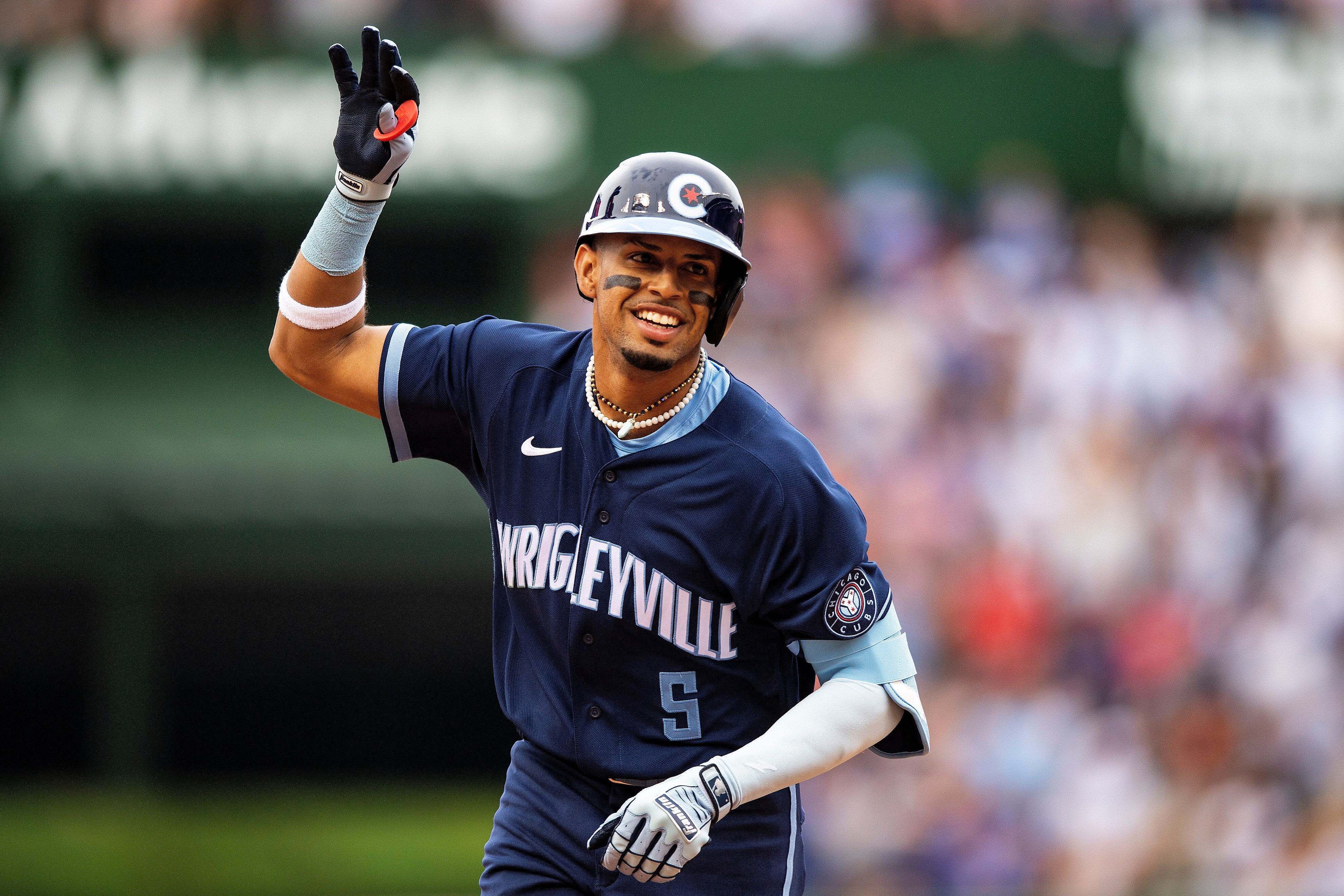 BOSTON, MA - JULY 1: Christopher Morel #5 of the Chicago Cubs reacts after hitting a home run during the fifth inning of a game against the Boston Red Sox on July 1, 2022 at Wrigley Field in Chicago, Illinois. (Photo by Billie Weiss/Boston Red Sox/Getty Images)