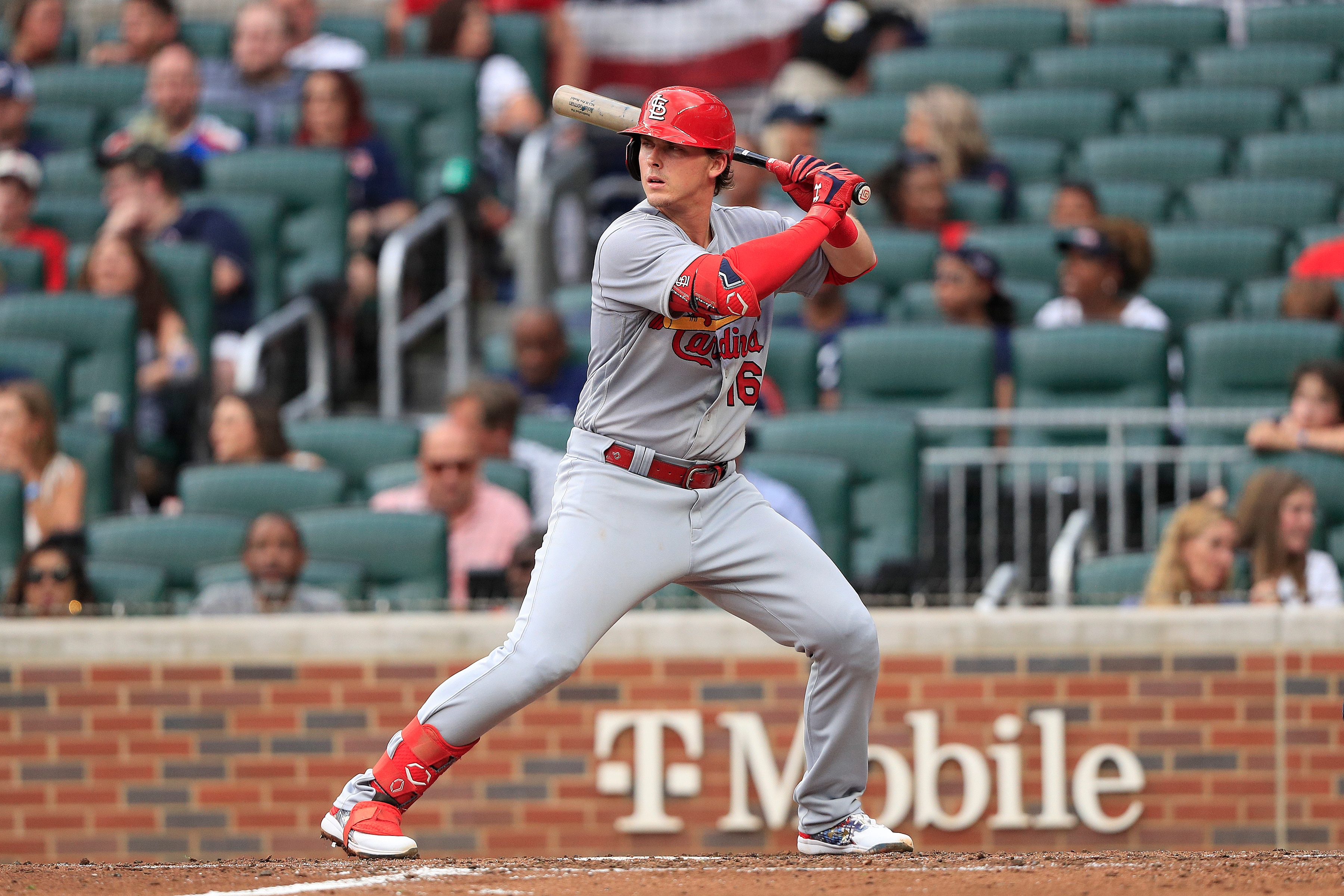 ATLANTA, GA - JULY 04: Nolan Gorman (16) of the St. Louis Cardinals bats during the Monday evening MLB game between the Atlanta Braves and the St. Louis Cardinals on July 04, 2022 at Truist Park in Atlanta, Georgia.  (Photo by David J. Griffin/Icon Sportswire via Getty Images)