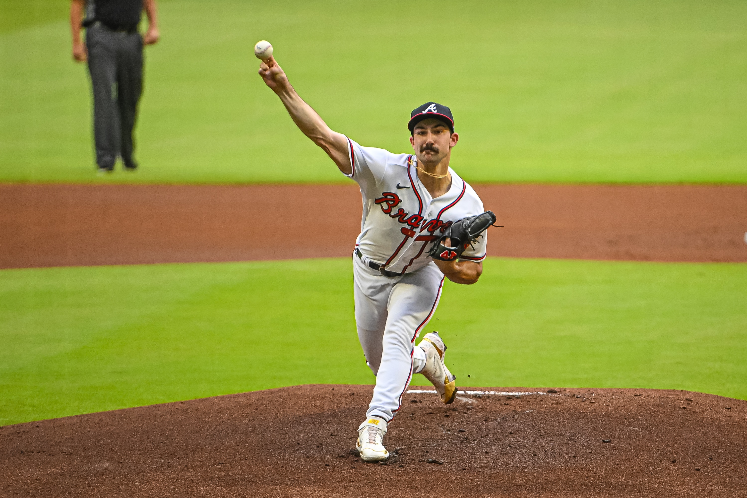 ATLANTA, GA - JUNE 26: Atlanta Braves starting pitcher Spencer Strider (65) during the first inning in the MLB game between the Los Angeles Dodgers and Atlanta Braves on June 26, 2022, at Truist Park in Atlanta, GA. (Photo by John Adams/Icon Sportswire via Getty Images)