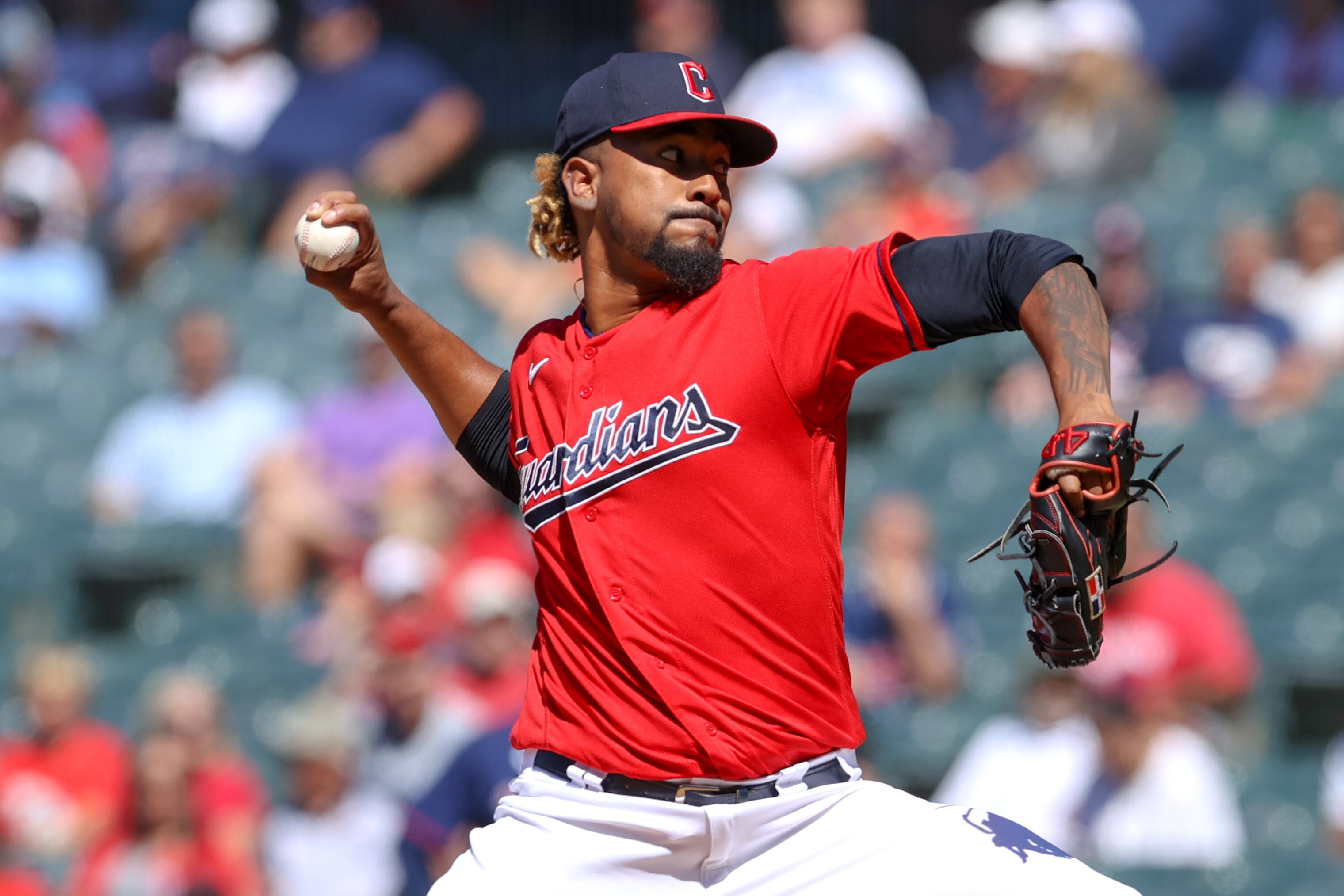 CLEVELAND, OH - JUNE 28: Cleveland Guardians relief pitcher Emmanuel Clase (48) delivers a pitch to the plate during the ninth inning of game 1 of the Major League Baseball doubleheader between the Minnesota Twins and Cleveland Guardians on June 28, 2022, at Progressive Field in Cleveland, OH. Kepler was safe on the play due to a throwing error. (Photo by Frank Jansky/Icon Sportswire via Getty Images)