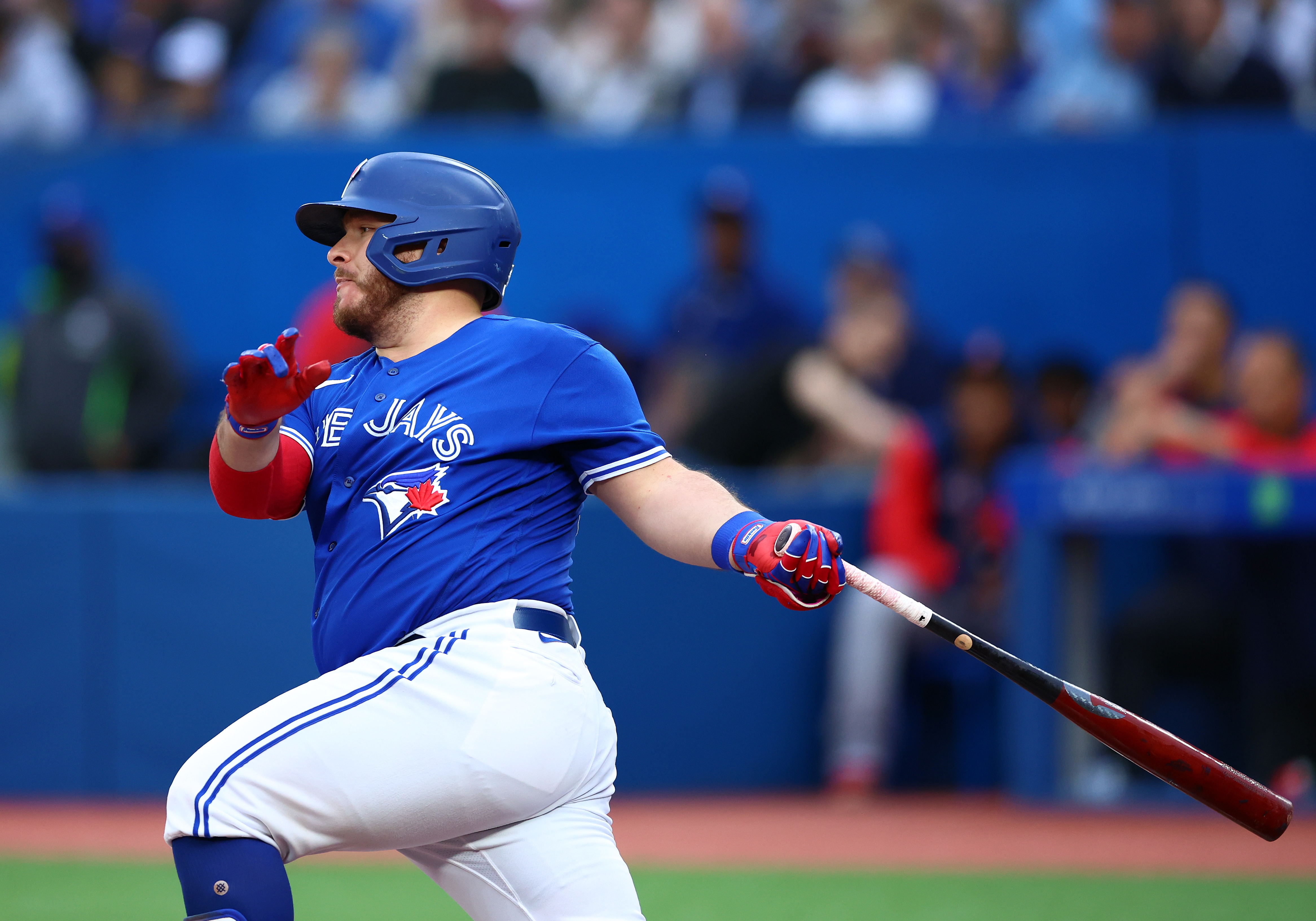 TORONTO, ON - JUNE 27:  Alejandro Kirk #30 of the Toronto Blue Jays bats during a MLB game against the Boston Red Sox at Rogers Centre on June 27, 2022 in Toronto, Ontario, Canada.  (Photo by Vaughn Ridley/Getty Images)