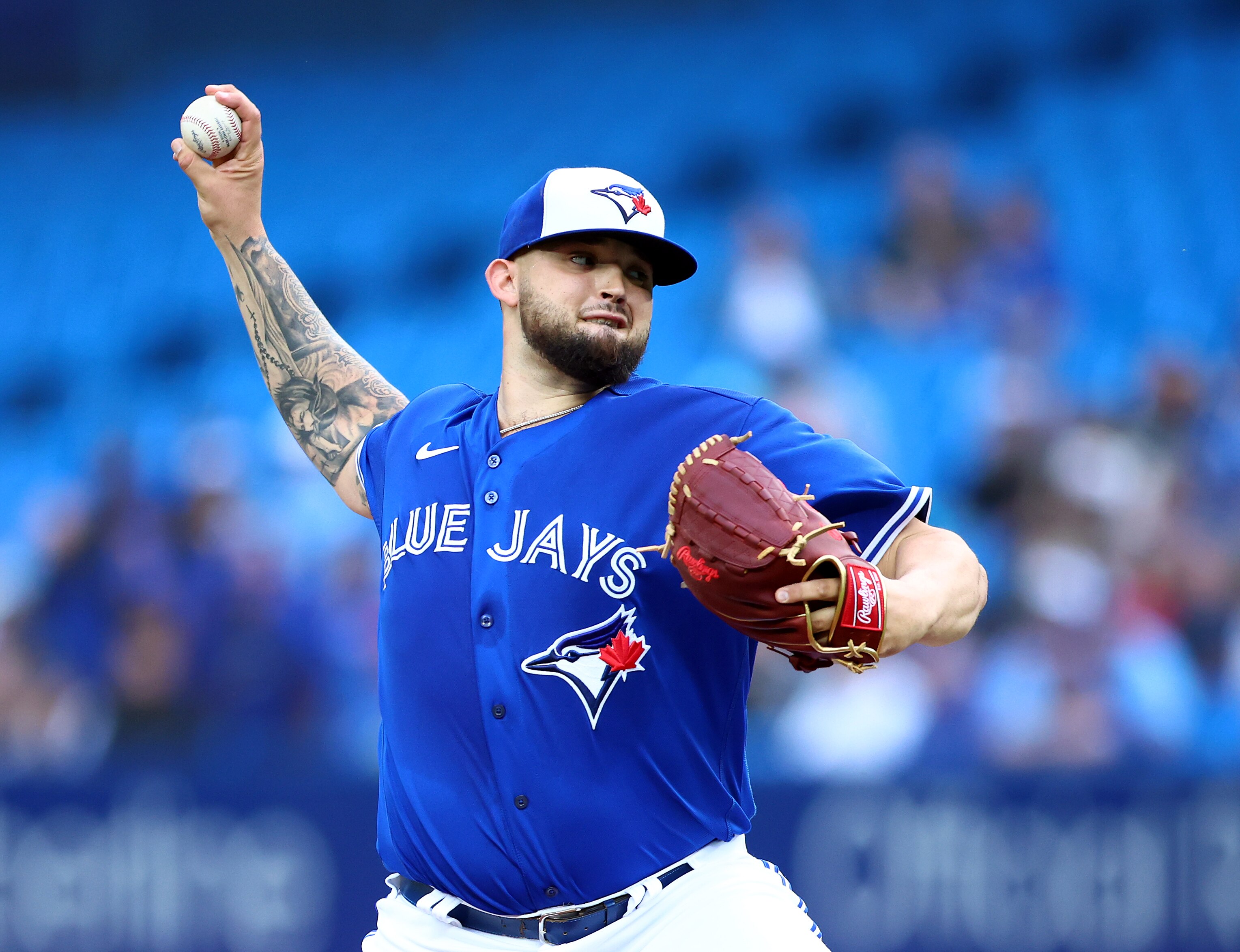 TORONTO, ON - JUNE 29:  Alek Manoah #6 of the Toronto Blue Jays delivers a pitch in the first inning during a MLB game against the Boston Red Sox at Rogers Centre on June 29, 2022 in Toronto, Ontario, Canada.  (Photo by Vaughn Ridley/Getty Images)