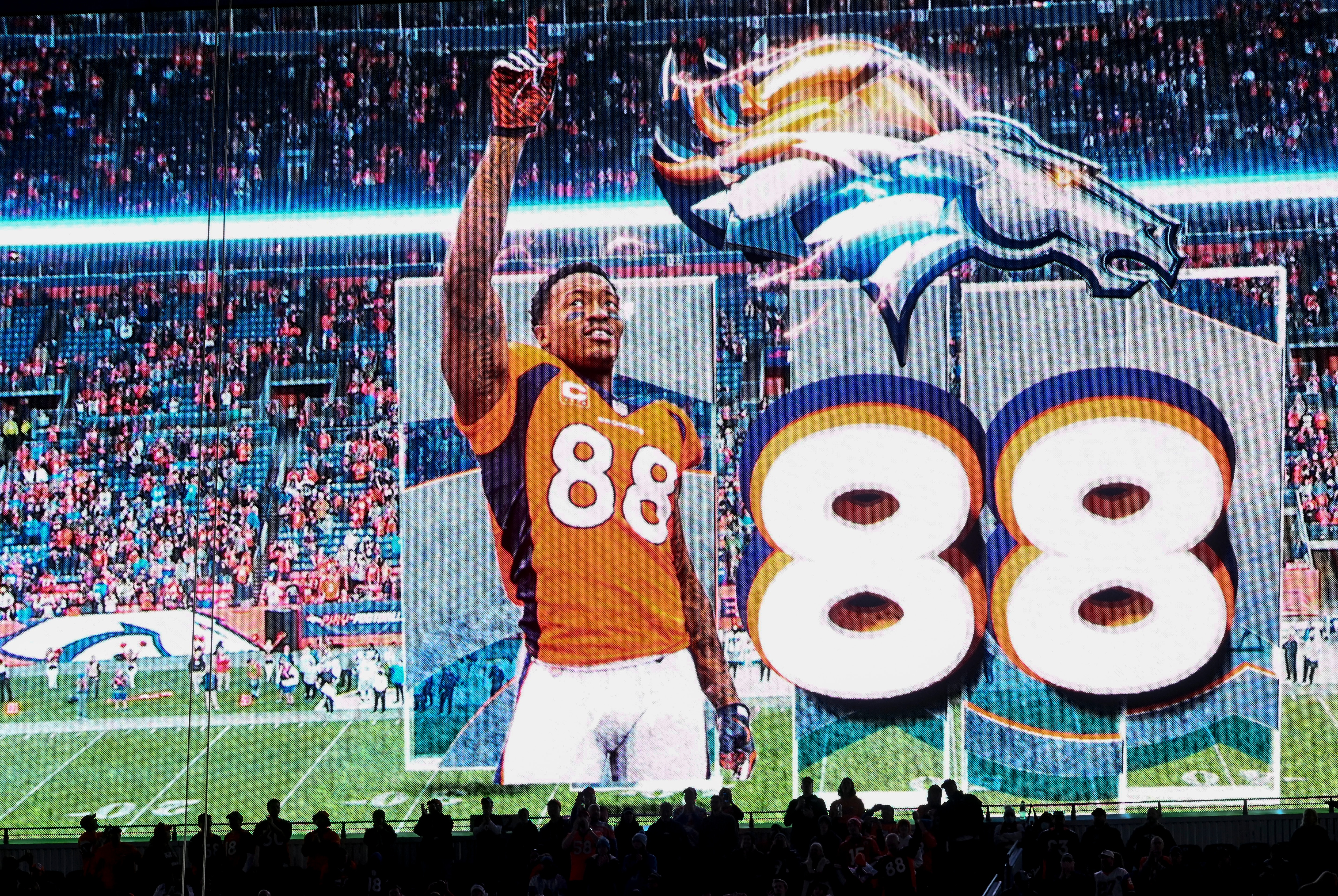 DENVER, CO - DECEMBER 12: Demaryius Thomas is remembered by Denver Broncos fans as his number 88 is flashed on the scoreboard during the fourth quarter of Denver"u2019s 38-10 win over the Detroit Lions at Empower Field at Mile High on Sunday, December 12, 2021. (Photo by AAron Ontiveroz/MediaNews Group/The Denver Post via Getty Images)
