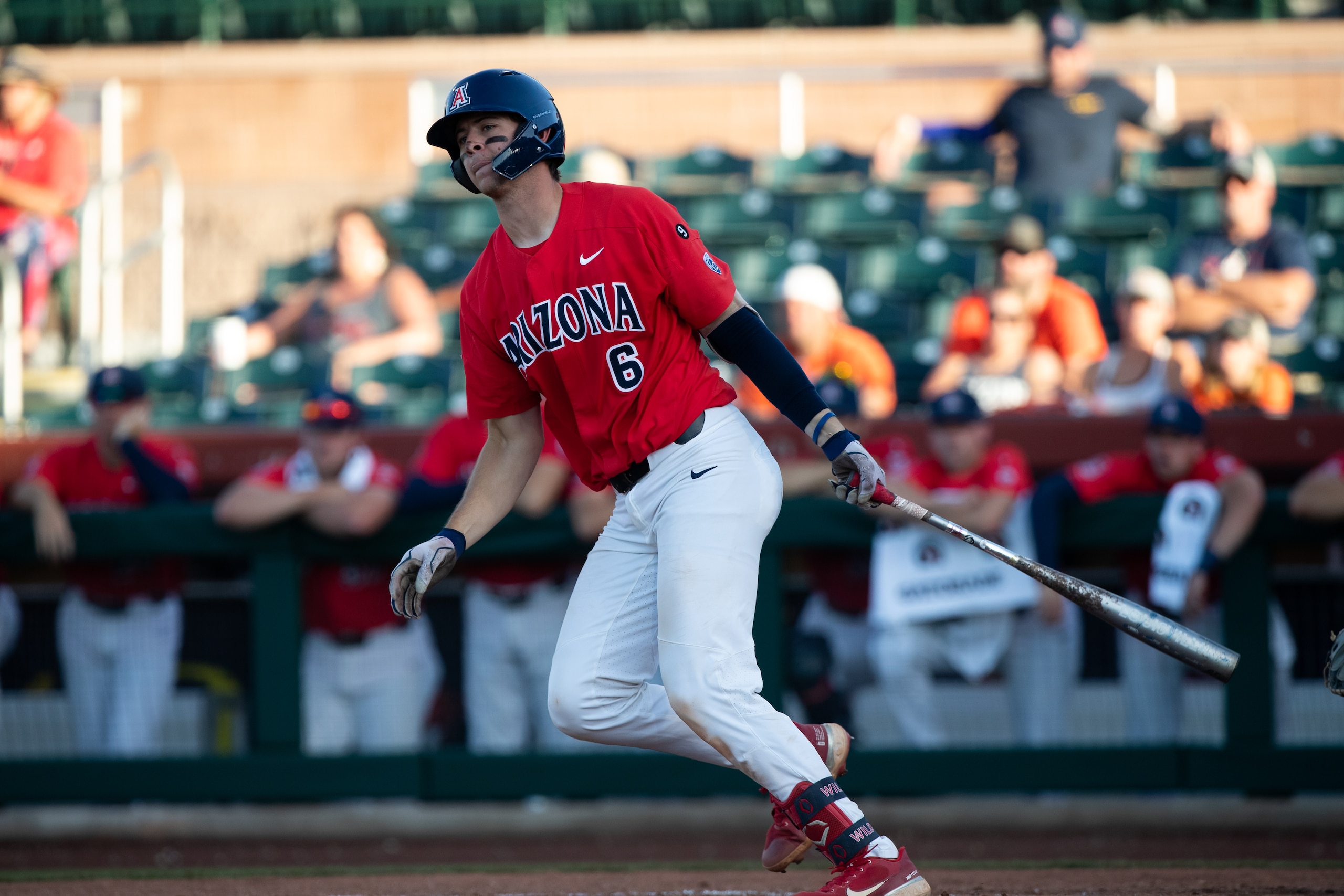SCOTTSDALE, AZ - MAY 26: Arizona Wildcats Catcher Daniel Susac (6)  hits a foul ball down the third base line during the PAC12 Baseball Tournament game between the Stanford Cardinal and the Arizona Wildcats on May 26, 2022, at Scottsdale Stadium in Scottsdale, AZ. (Photo by Zac BonDurant/Icon Sportswire via Getty Images)