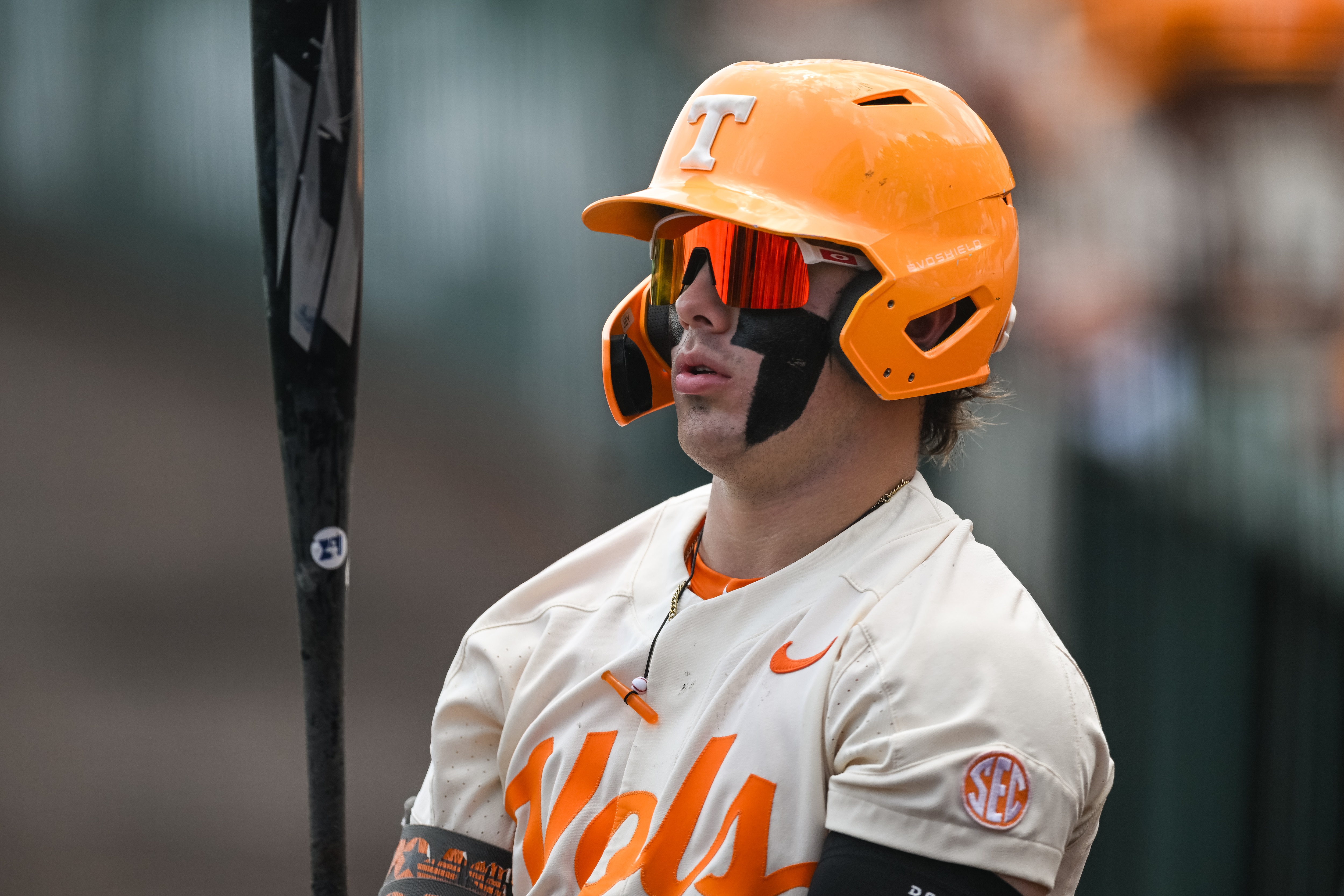 KNOXVILLE, TN - JUNE 12: Tennessee outfielder Drew Gilbert (1) getting ready to hit during game three of the NCAA Super Regionals between the Tennessee Volunteers and Notre Dame Fighting Irish on June 12, 2022, at Lindsey Nelson Stadium in Knoxville, TN. (Photo by Bryan Lynn/Icon Sportswire via Getty Images)