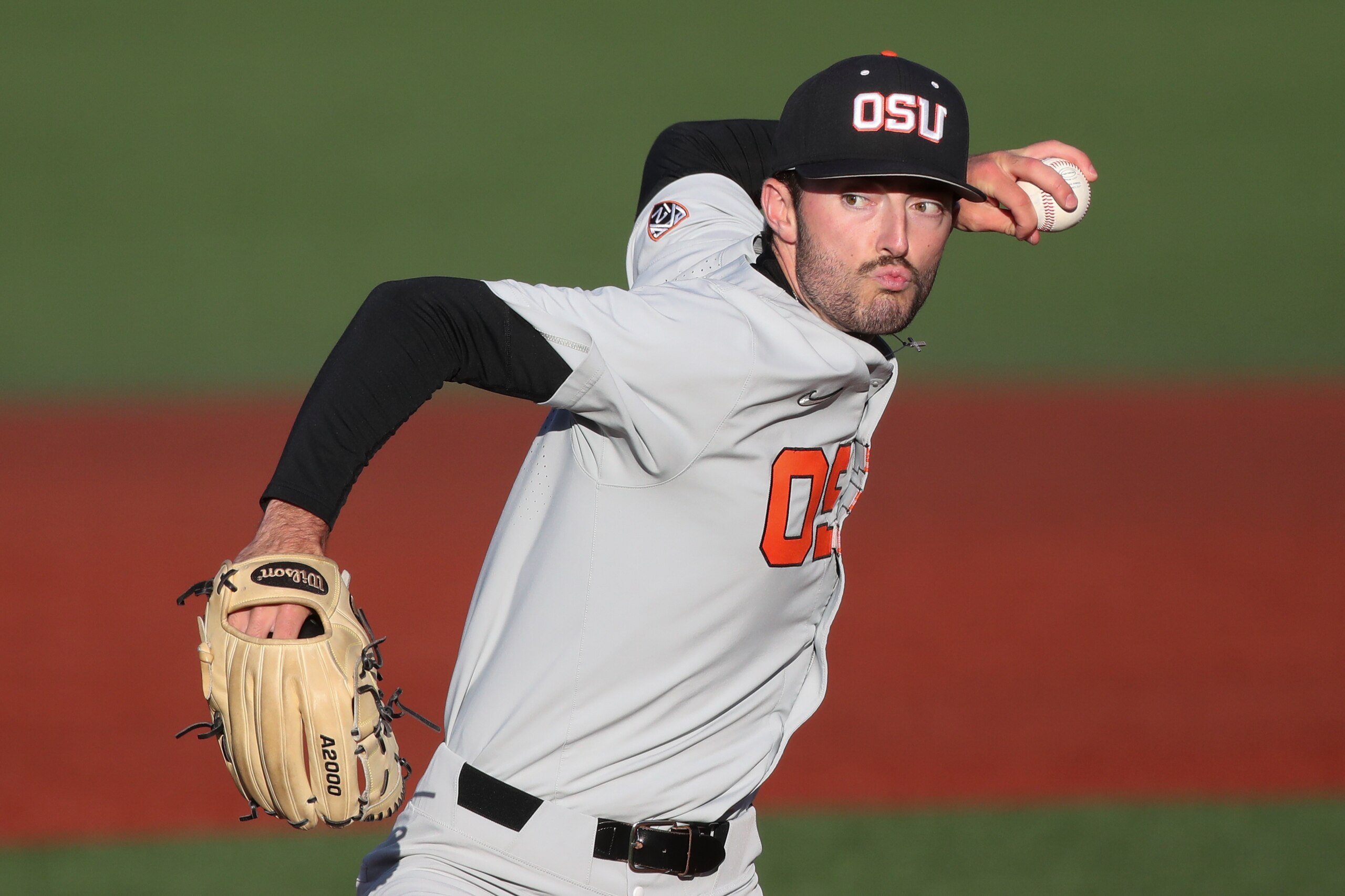 Oregon State pitcher Cooper Hjerpe pitches against Auburn during an NCAA college baseball tournament super regional game on Sunday, June 12, 2022, in Corvallis, Ore. Oregon State won 4-3. (AP Photo/Amanda Loman)