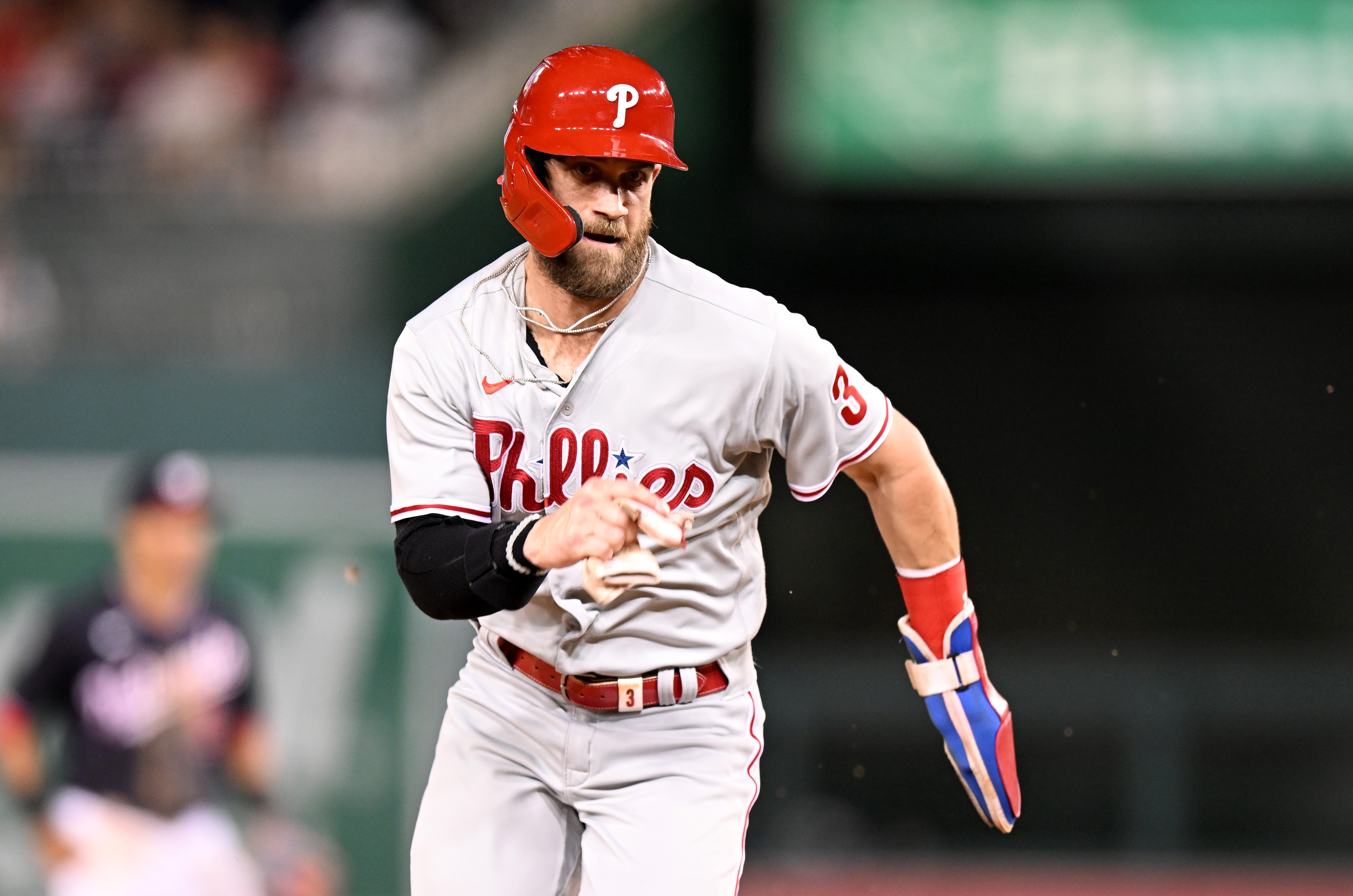 WASHINGTON, DC - JUNE 17: Bryce Harper #3 of the Philadelphia Phillies runs the bases against the Washington Nationals during game two of a doubleheader at Nationals Park on June 17, 2022 in Washington, DC.  (Photo by G Fiume/Getty Images)