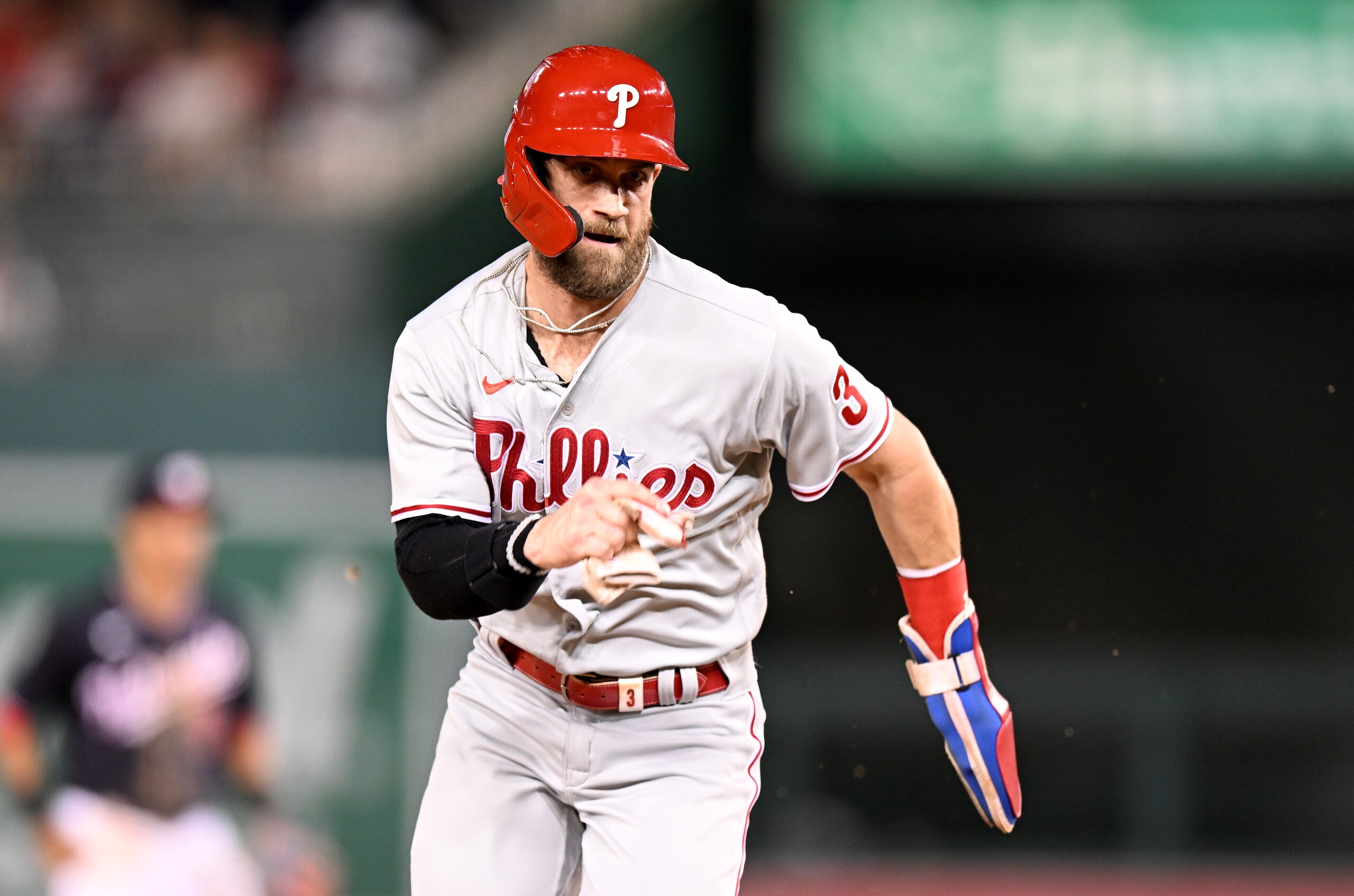 WASHINGTON, DC - JUNE 17: Bryce Harper #3 of the Philadelphia Phillies runs the bases against the Washington Nationals during game two of a doubleheader at Nationals Park on June 17, 2022 in Washington, DC.  (Photo by G Fiume/Getty Images)