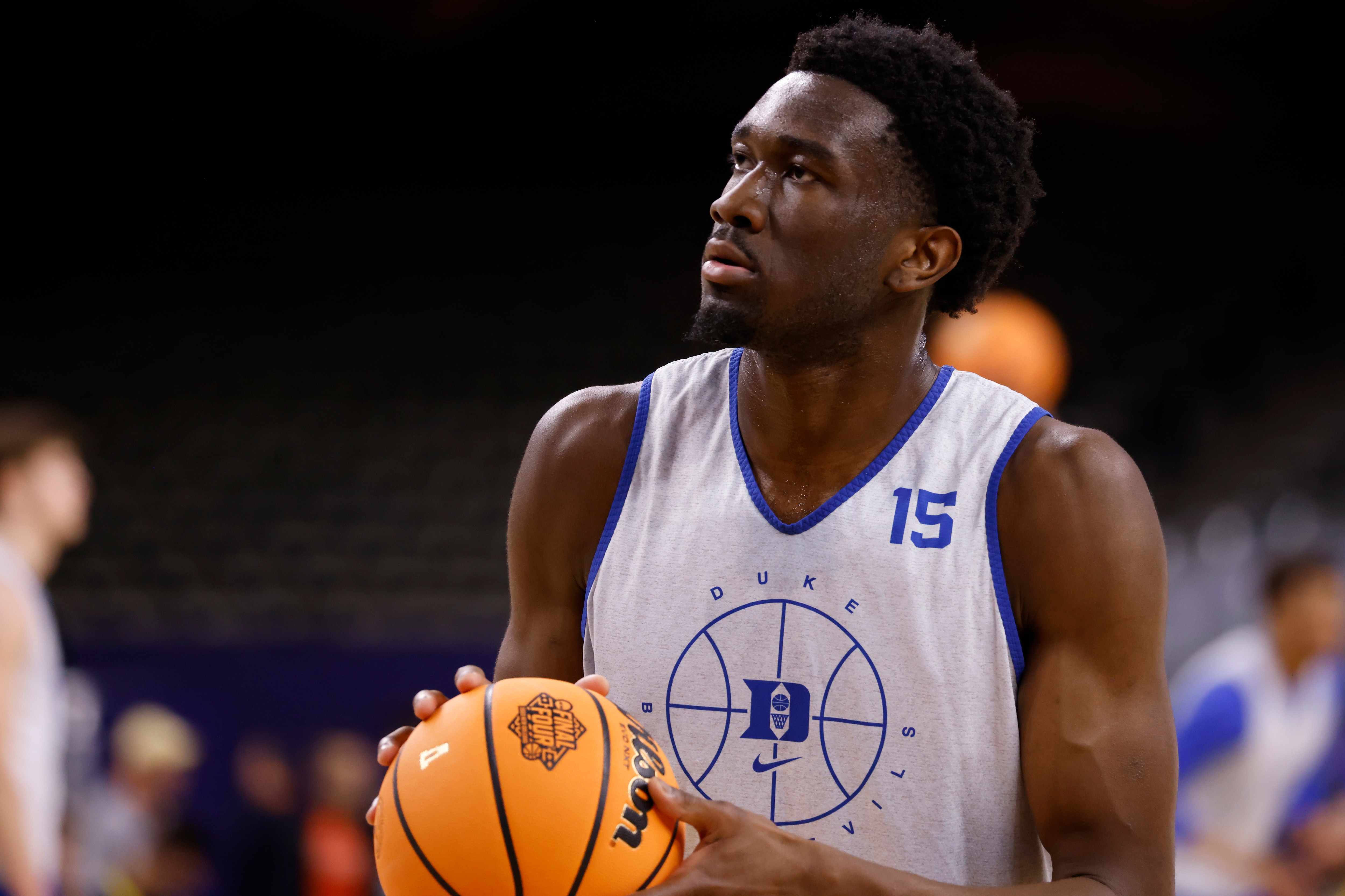 NEW ORLEANS, LA - APRIL 01: Mark Williams #15 of the Duke Blue Devils works during their practice session ahead of the 2022 Men's Basketball Tournament Final Four at Caesars Superdome on April 1, 2022 in New Orleans, Louisiana. (Photo by Lance King/Getty Images)
