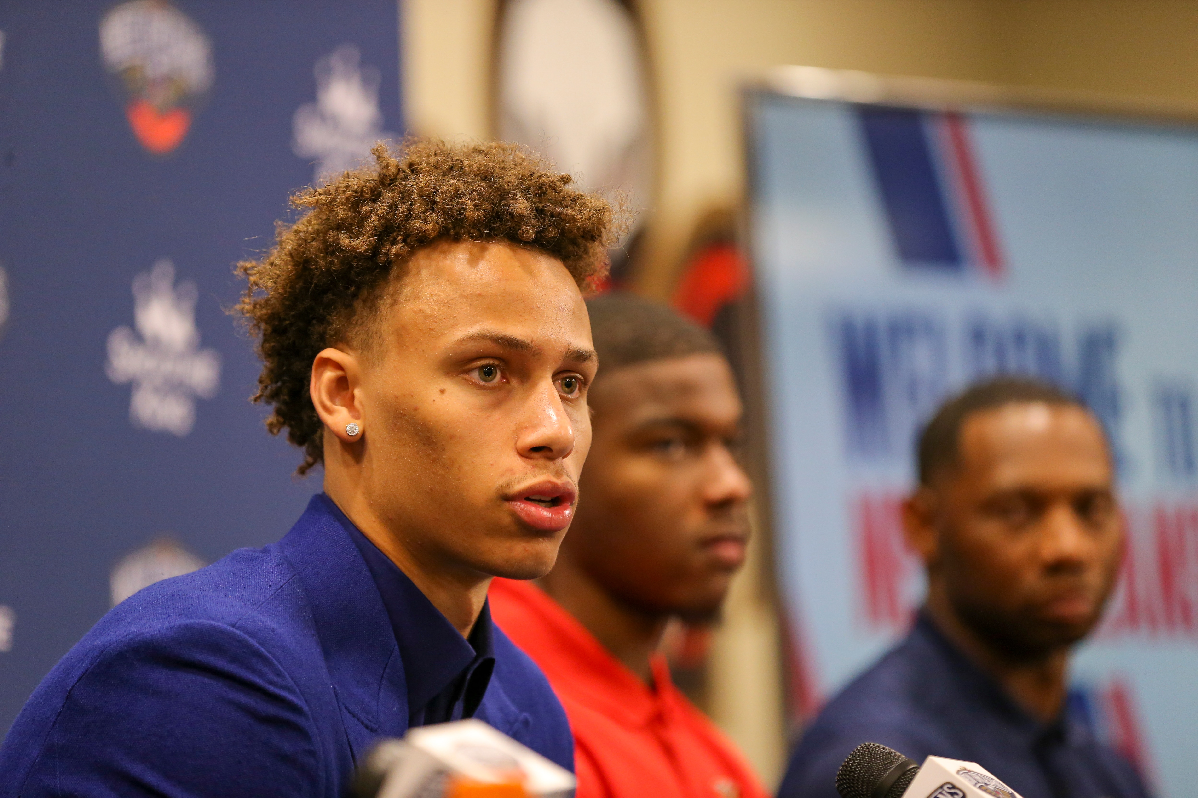 METAIRIE, LA - JUNE 30: New Orleans Pelicans draft pick Dyson Daniels talks to the media during the Introductory press conference on June 30, 2022 at Ochsner Sports Performance Center in Metairie, Louisiana. NOTE TO USER: User expressly acknowledges and agrees that, by downloading and or using this Photograph, user is consenting to the terms and conditions of the Getty Images License Agreement. Mandatory Copyright Notice: Copyright 2022 NBAE (Photo by Layne Murdoch Jr./NBAE via Getty Images