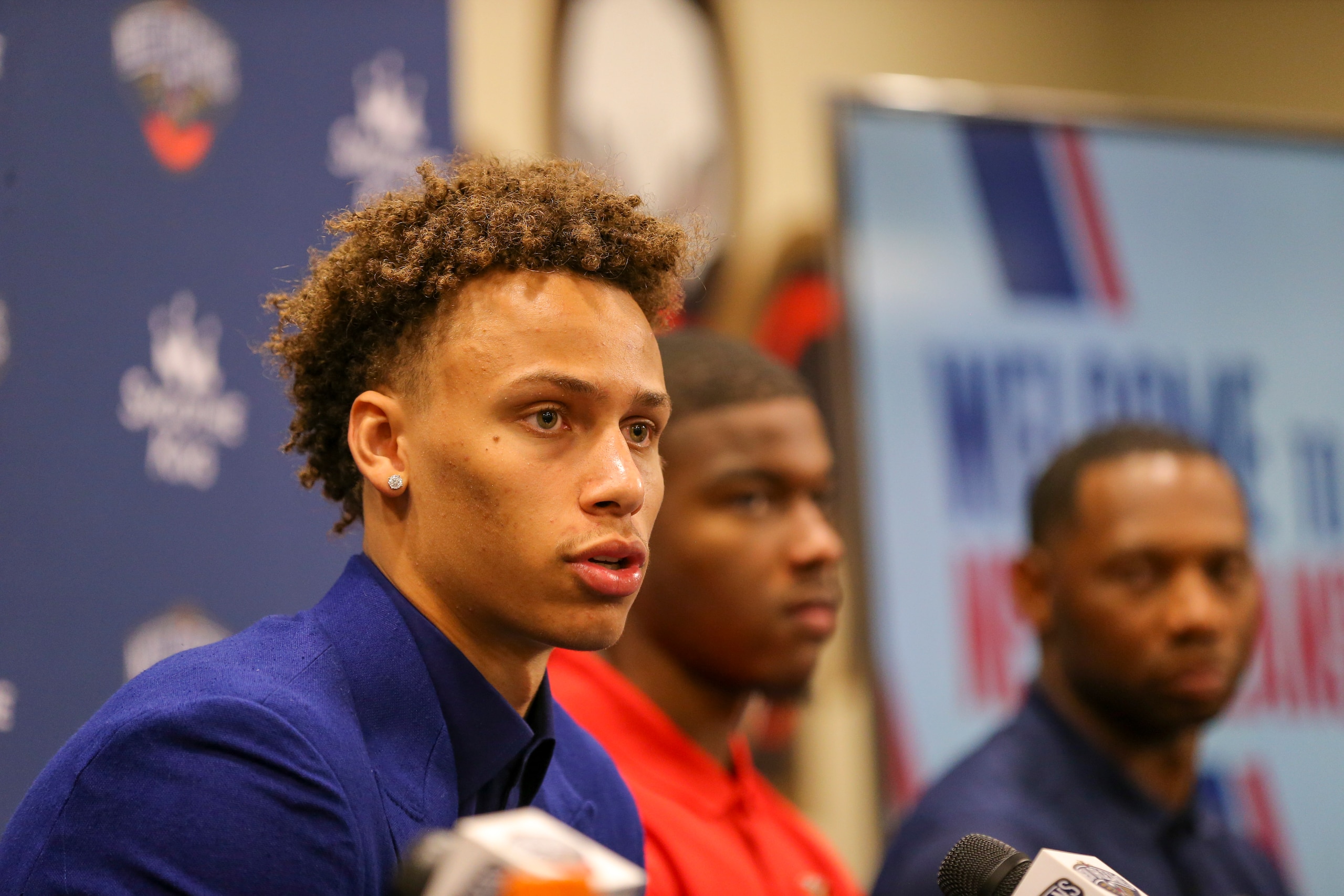 METAIRIE, LA - JUNE 30: New Orleans Pelicans draft pick Dyson Daniels talks to the media during the Introductory press conference on June 30, 2022 at Ochsner Sports Performance Center in Metairie, Louisiana. NOTE TO USER: User expressly acknowledges and agrees that, by downloading and or using this Photograph, user is consenting to the terms and conditions of the Getty Images License Agreement. Mandatory Copyright Notice: Copyright 2022 NBAE (Photo by Layne Murdoch Jr./NBAE via Getty Images