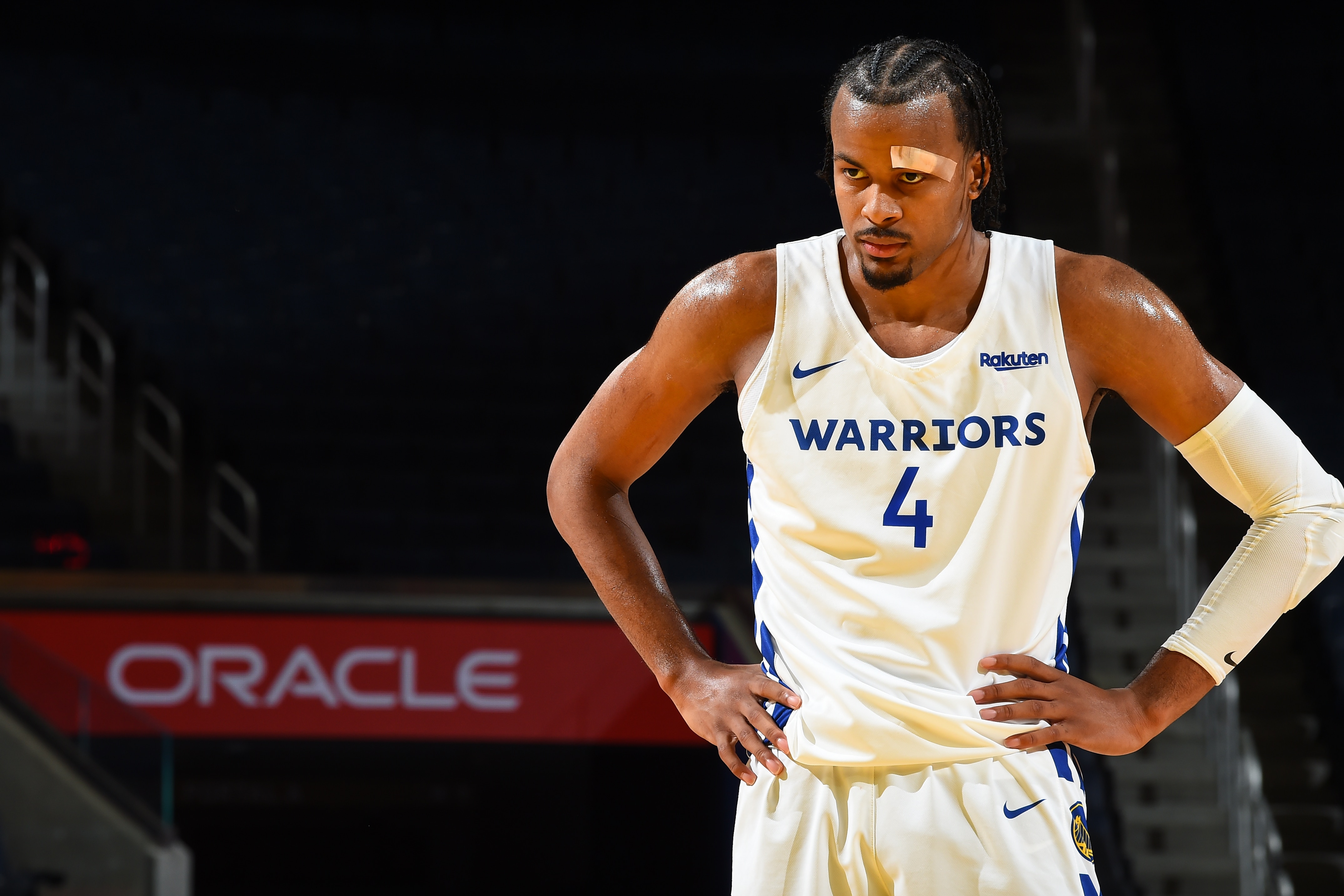 SAN FRANCISCO, CA - JULY 5: Moses Moody #4 of the Golden State Warriors looks on against the Miami Heat during the 2022 California Classic on July 5, 2022 at Chase Center in San Francisco, California. NOTE TO USER: User expressly acknowledges and agrees that, by downloading and or using this photograph, user is consenting to the terms and conditions of Getty Images License Agreement. Mandatory Copyright Notice: Copyright 2022 NBAE (Photo by Noah Graham/NBAE via Getty Images)