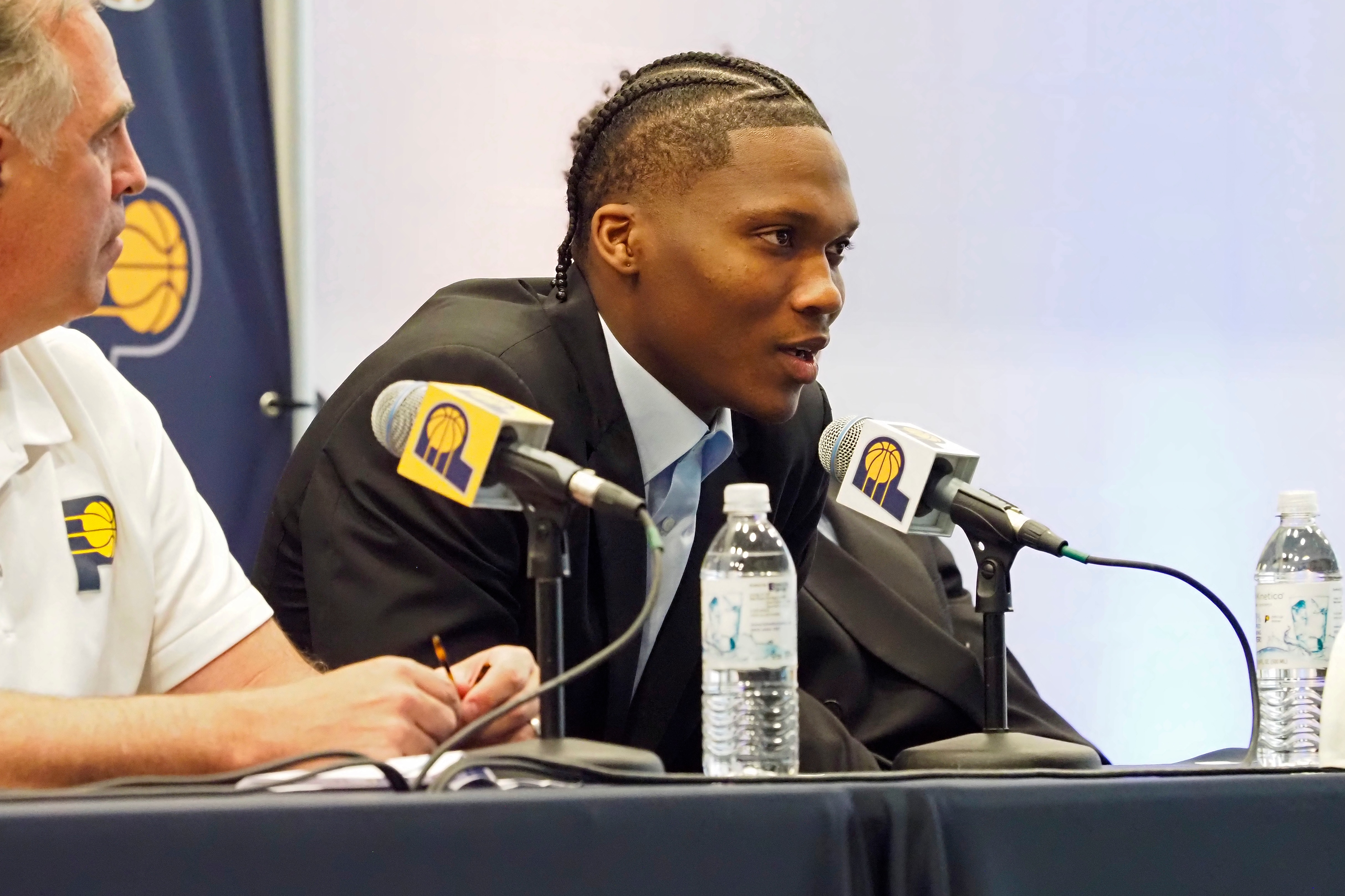 INDIANAPOLIS, IN - JUNE 24: Bennedict Mathurin of the Indiana Pacers speaks to the media during an introductory press conference on June 23, 2022 at Ascension St. Vincent Center in Indianapolis, Indiana. NOTE TO USER: User expressly acknowledges and agrees that, by downloading and or using this Photograph, user is consenting to the terms and conditions of the Getty Images License Agreement. Mandatory Copyright Notice: Copyright 2022 NBAE (Photo by Ron Hoskins/NBAE via Getty Images)
