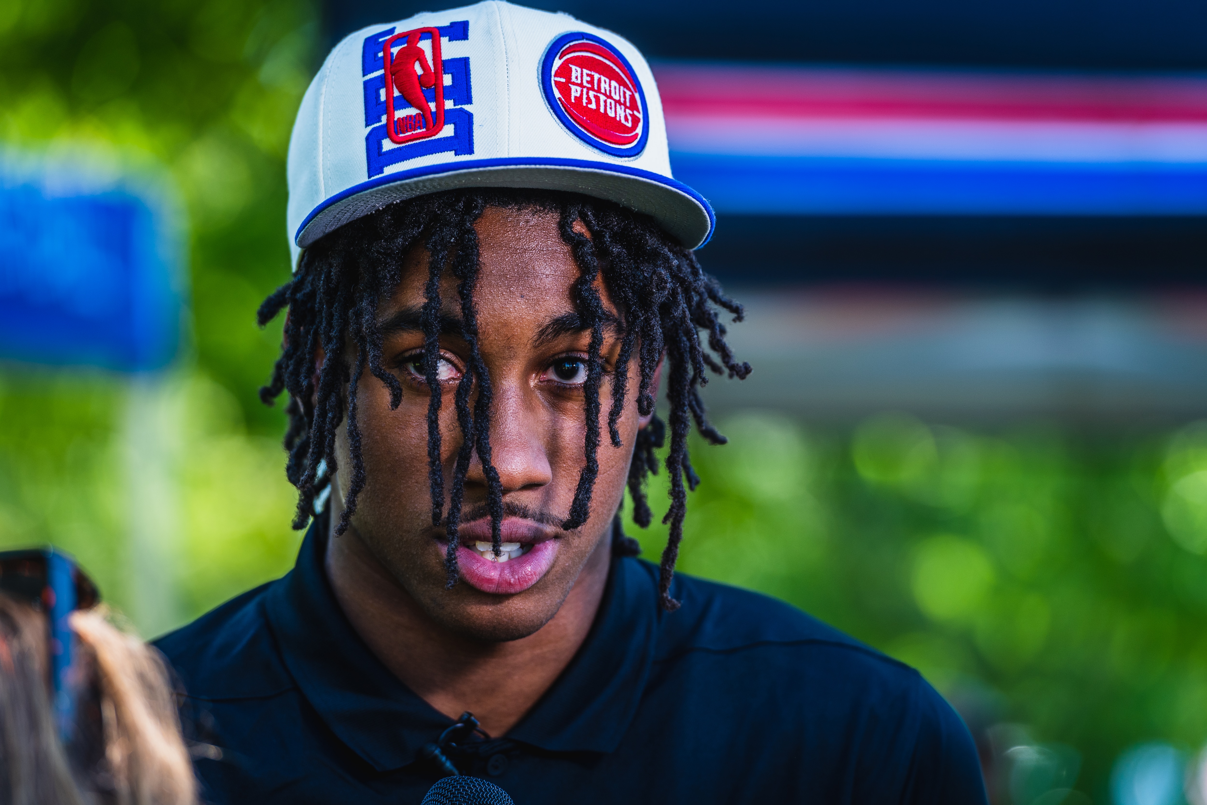 DETROIT, MICHIGAN - JUNE 24: Detroit Pistons draft pick Jaden Ivey looks on during the Detroit Pistons Draft Press Conference at Rouge Park on June 24, 2022 in Detroit, Michigan. NOTE TO USER: User expressly acknowledges and agrees that, by downloading and or using this photograph, User is consenting to the terms and conditions of the Getty Images License Agreement. Mandatory Copyright Notice: Copyright 2022 NBAE (Photo by Chris Schwegler/NBAE via Getty Images)