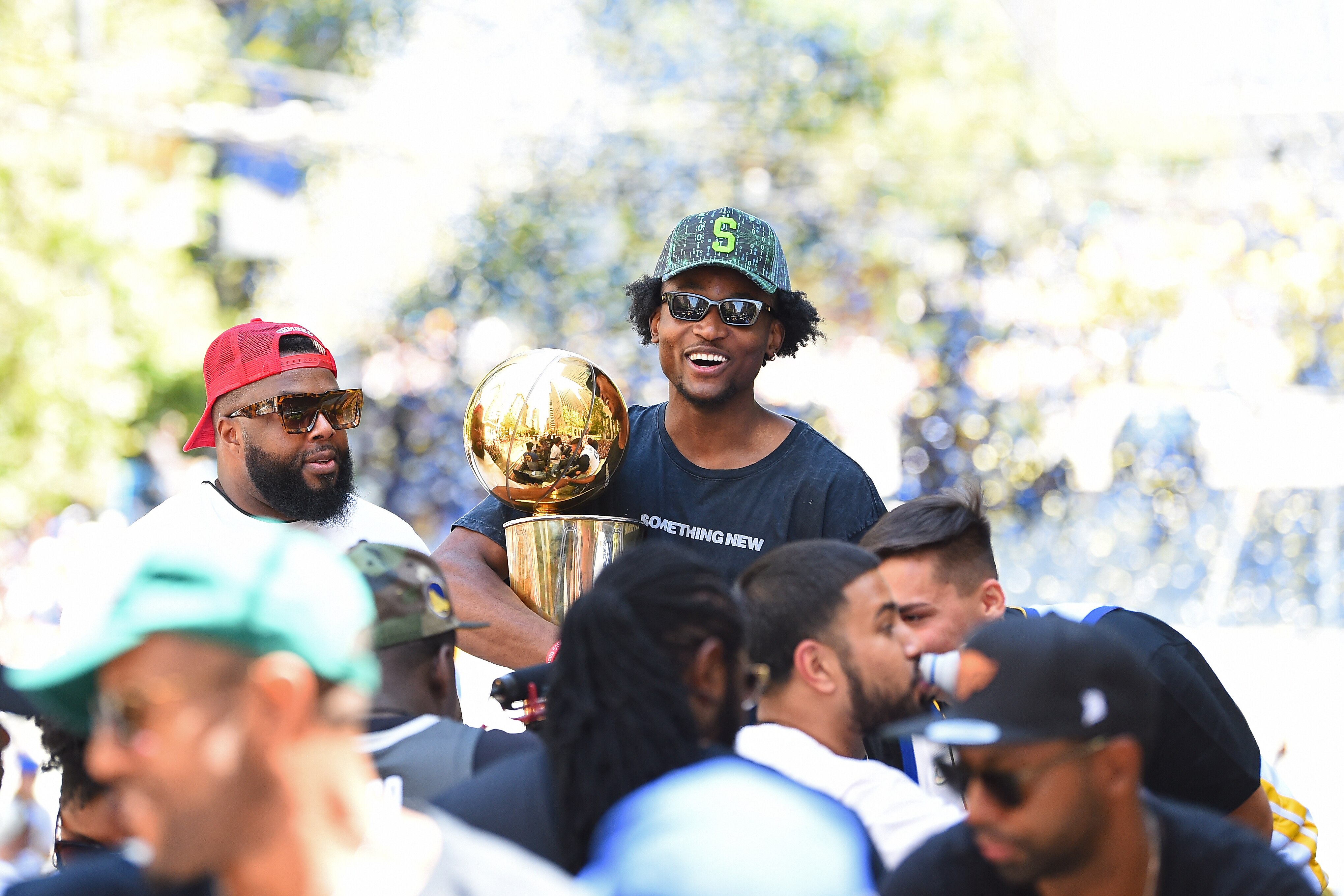 SAN FRANCISCO, CA - JUNE 20: Jonathan Kuminga #00 of the Golden State Warriors looks on during their 2022 Victory Parade & Rally on June 20, 2022 at Chase Center in San Francisco, California. NOTE TO USER: User expressly acknowledges and agrees that, by downloading and or using this photograph, user is consenting to the terms and conditions of Getty Images License Agreement. Mandatory Copyright Notice: Copyright 2022 NBAE (Photo by Noah Graham/NBAE via Getty Images)