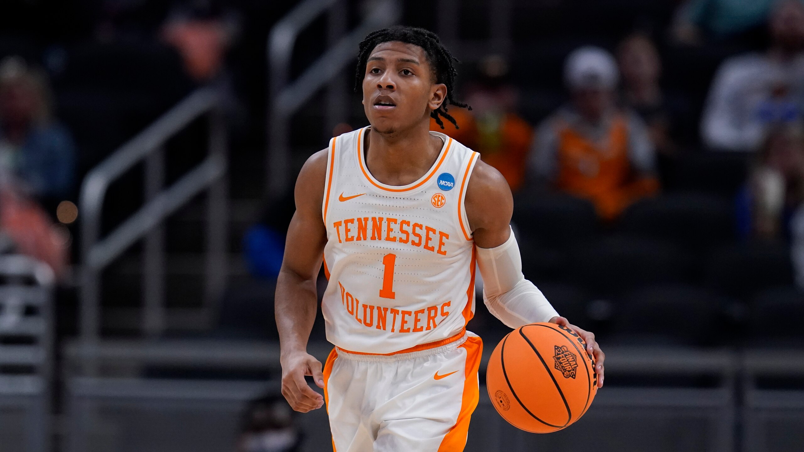 Tennessee guard Kennedy Chandler (1) drives up court during the second half of a college basketball game against Longwood in the first round of the NCAA tournament in Indianapolis, Thursday, March 17, 2022. (AP Photo/Michael Conroy) Tennessee guard Kennedy Chandler (1) drives up court during the second half of a college basketball game against Longwood in the first round of the NCAA tournament in Indianapolis, Thursday, March 17, 2022. (AP Photo/Michael Conroy)