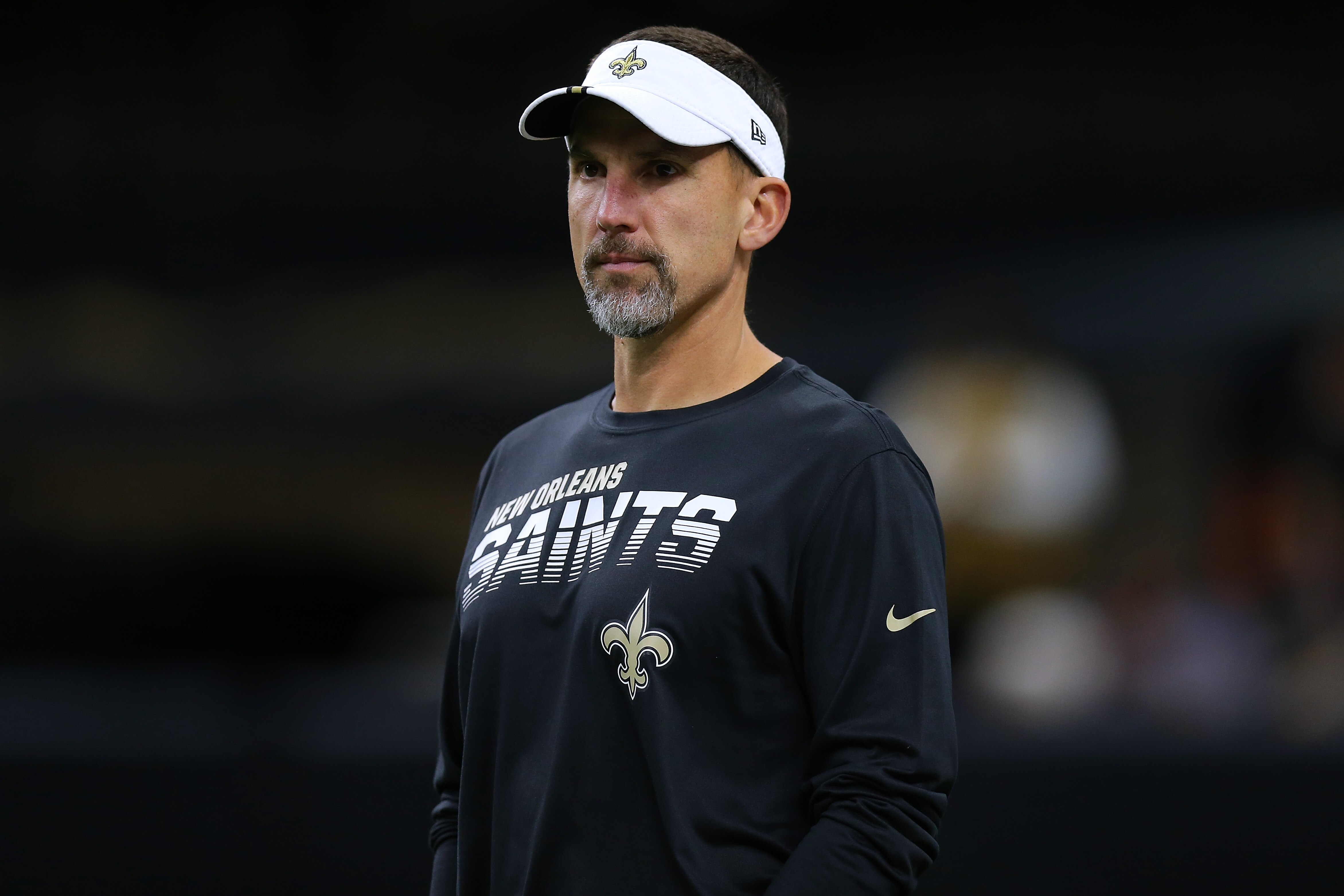 NEW ORLEANS, LOUISIANA - AUGUST 29:  Defensive coordinator Dennis Allen of the New Orleans Saints reacts before an NFL preseason game against the Miami Dolphins at the Mercedes Benz Superdome on August 29, 2019 in New Orleans, Louisiana. (Photo by Jonathan Bachman/Getty Images)