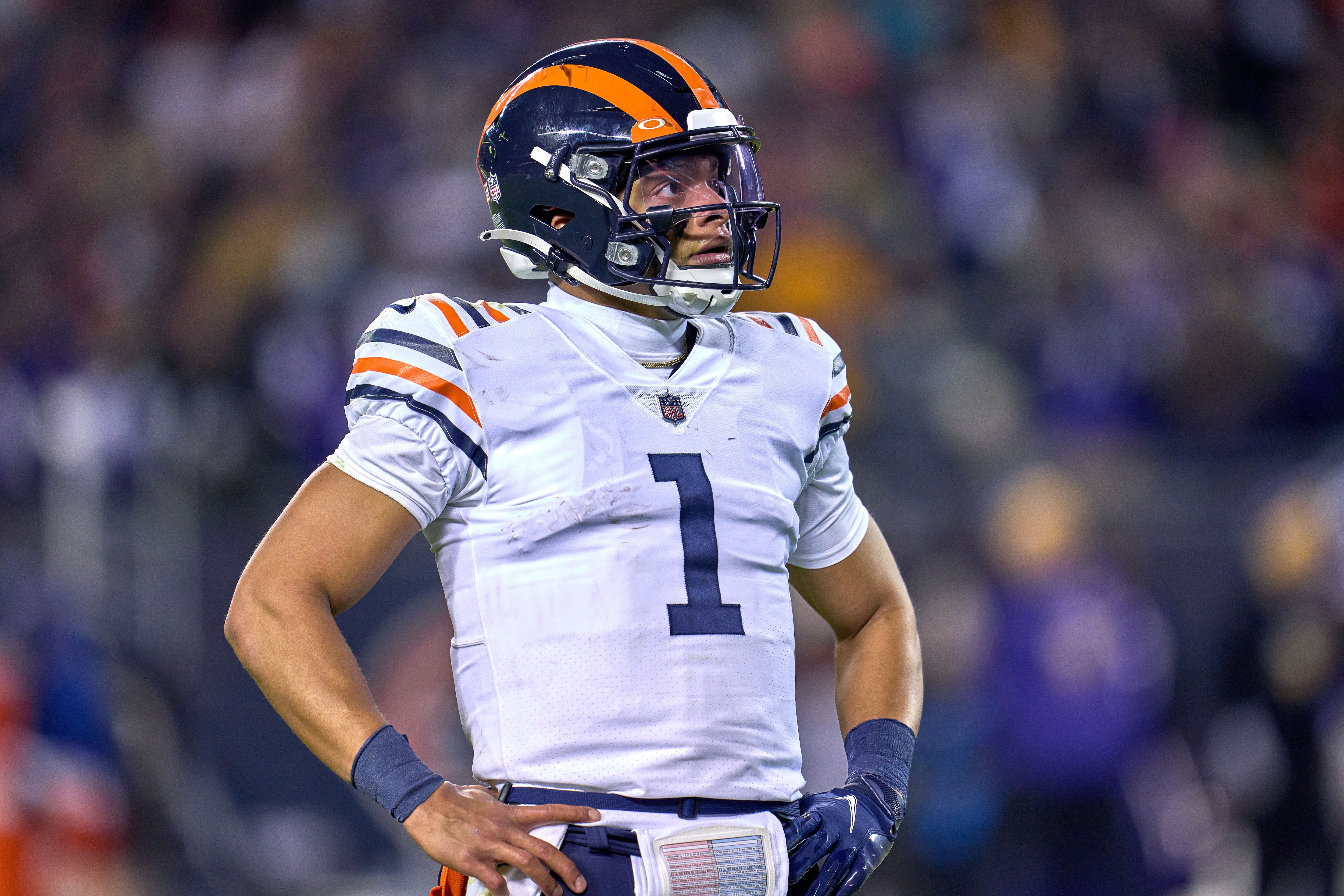 CHICAGO, IL - DECEMBER 20: Chicago Bears quarterback Justin Fields (1) looks on during a game between the Chicago Bears and the Minnesota Vikings on December 20, 2021, at Soldier Field in Chicago, IL. (Photo by Robin Alam/Icon Sportswire via Getty Images)