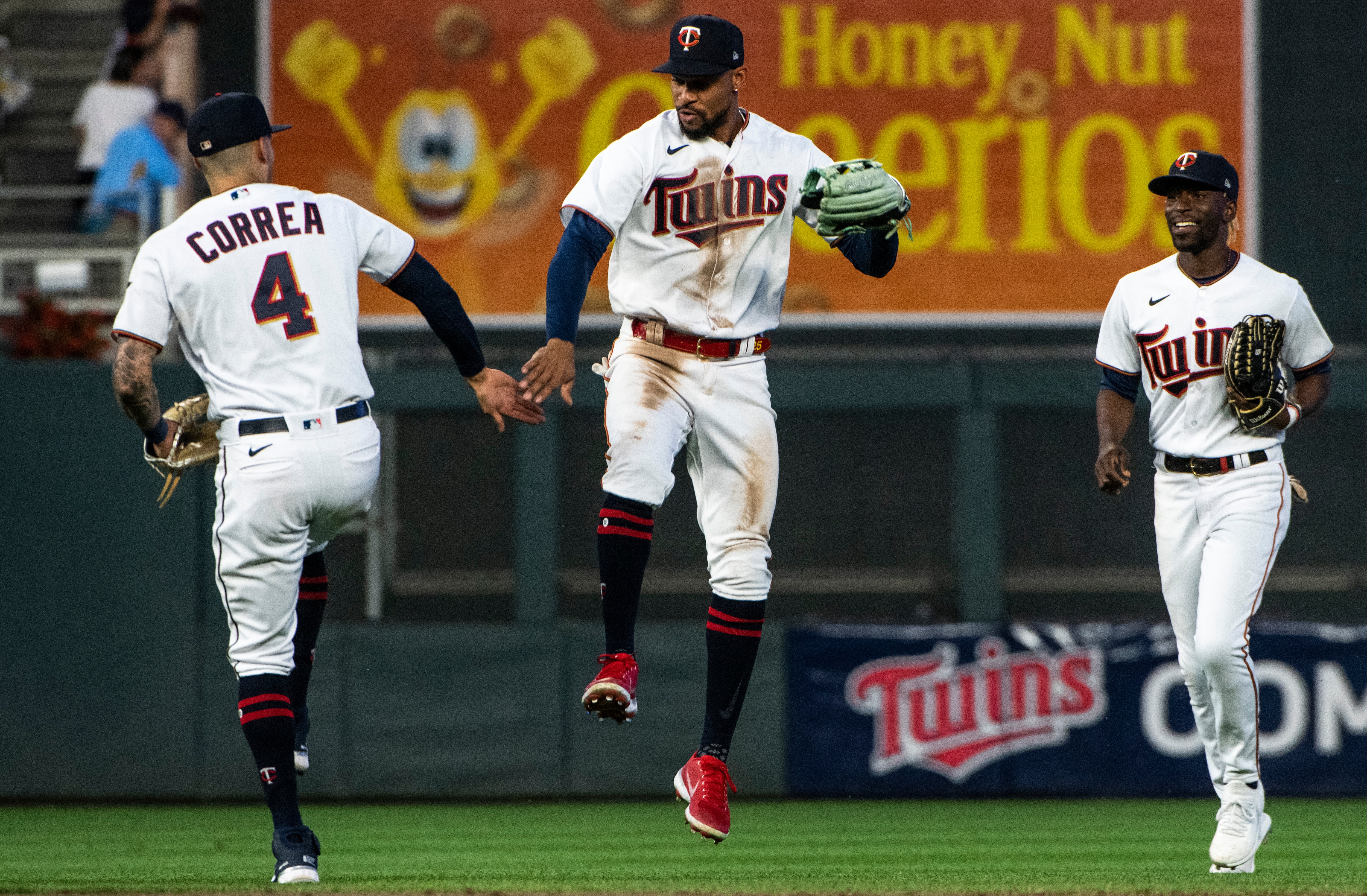 MINNEAPOLIS, MN - JUNE 25: Carlos Correa #4 and Byron Buxton #25 of the Minnesota Twins celebrate after defeating the Colorado Rockies 6-0 in the second game of the series at Target Field on June 25, 2022 in Minneapolis, Minnesota. (Photo by Stephen Maturen/Getty Images)