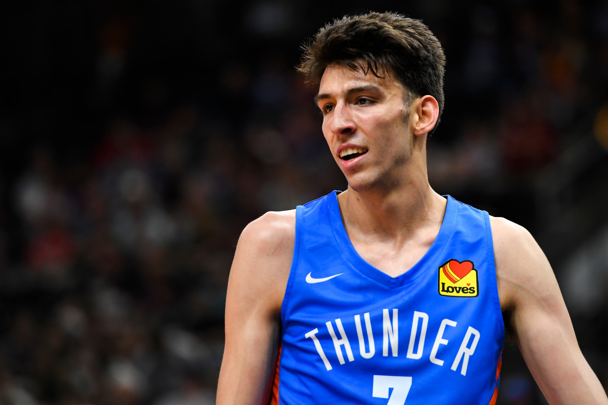 SALT LAKE CITY, UTAH - JULY 05: Chet Holmgren #7 of the Oklahoma City Thunder looks on during a NBA Summer League game against the Utah Jazz at Vivint Arena on July 05, 2022 in Salt Lake City, Utah. NOTE TO USER: User expressly acknowledges and agrees that, by downloading and/or using this Photograph, user is consenting to the terms and conditions of the Getty Images License Agreement. (Photo by Alex Goodlett/Getty Images)