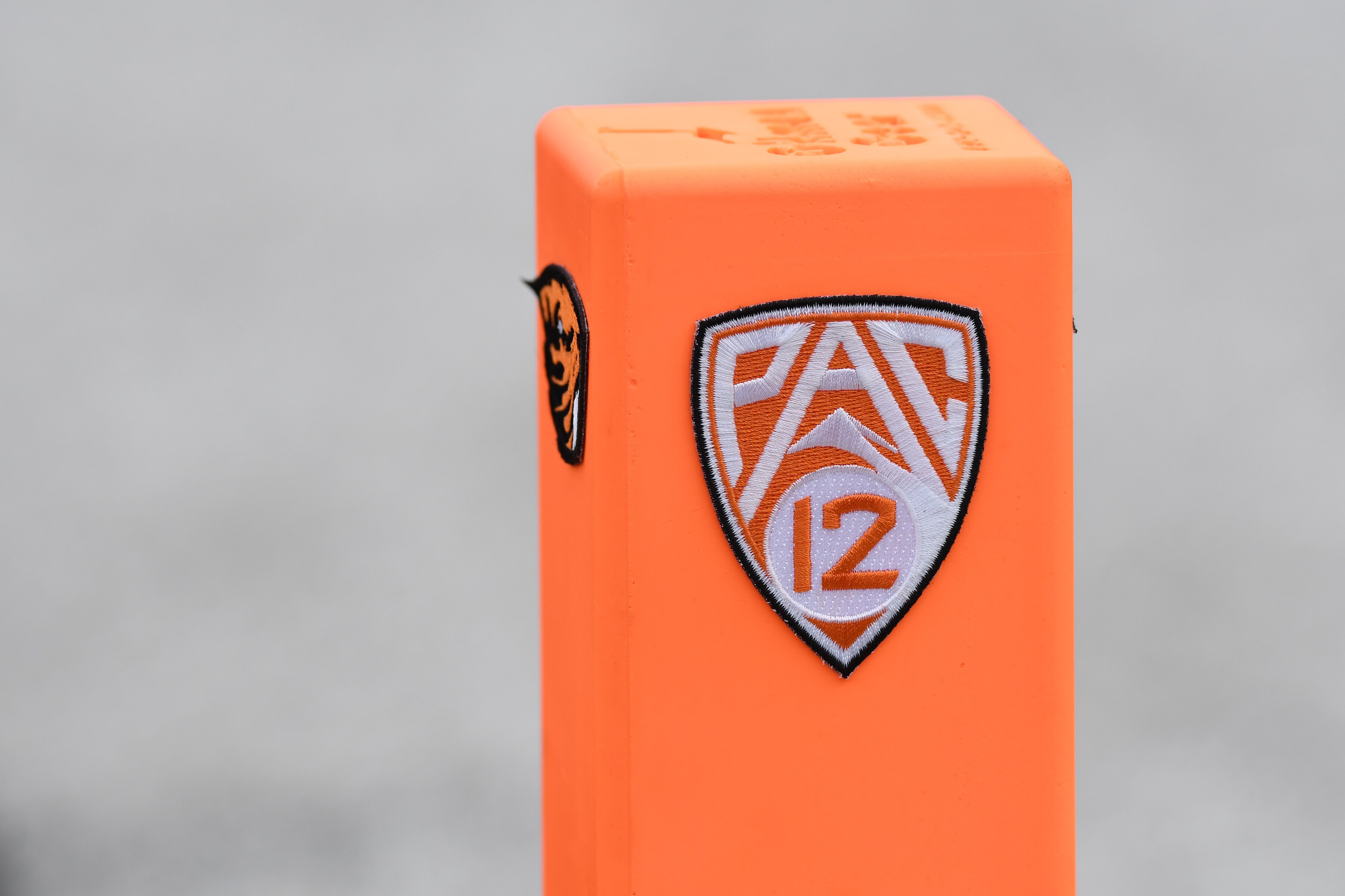 CORVALLIS, OR - NOVEMBER 13: An end zone pylon with the Pac-12 logo sits on the field during a PAC-12 conference football game between the Stanford Cardinal and Oregon State Beavers on November 13, 2021 at Reser Stadium in Corvallis, Oregon. (Photo by Brian Murphy/Icon Sportswire via Getty Images)