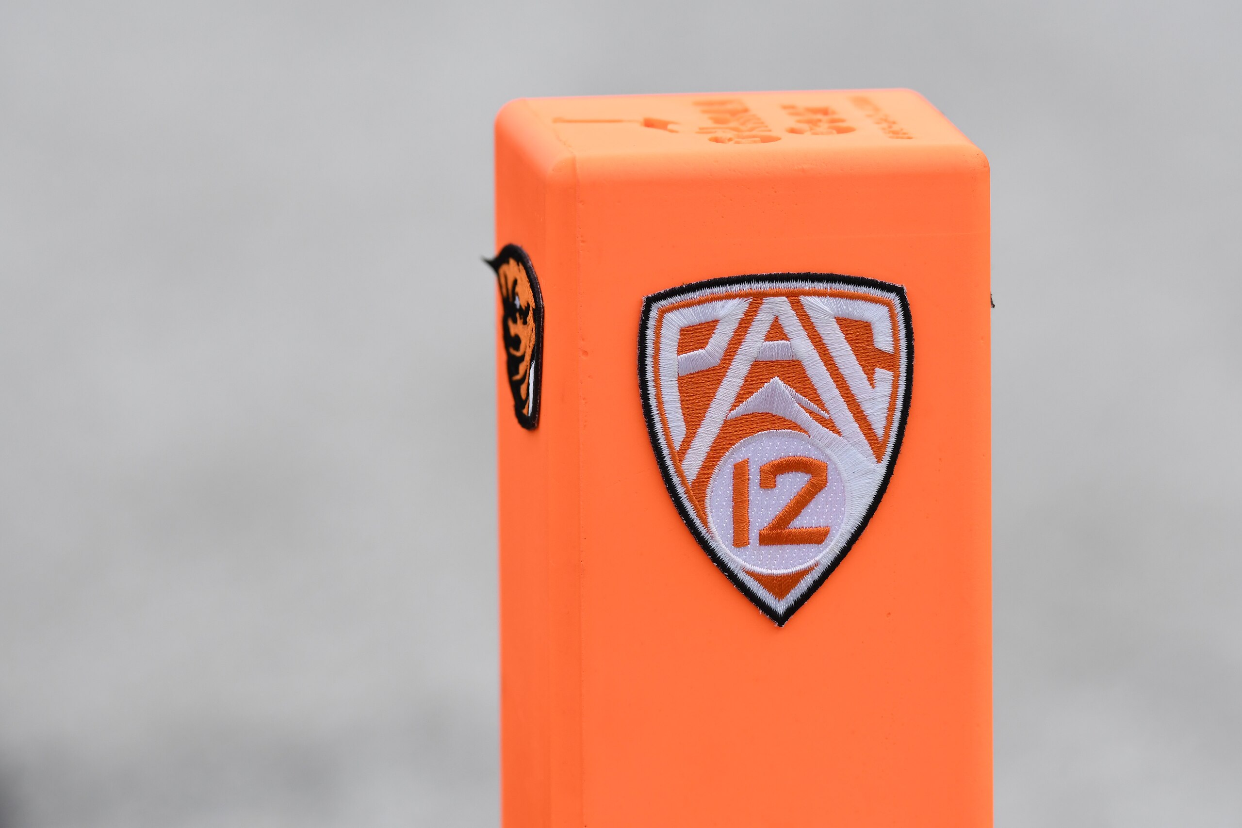 CORVALLIS, OR - NOVEMBER 13: An end zone pylon with the Pac-12 logo sits on the field during a PAC-12 conference football game between the Stanford Cardinal and Oregon State Beavers on November 13, 2021 at Reser Stadium in Corvallis, Oregon. (Photo by Brian Murphy/Icon Sportswire via Getty Images) CORVALLIS, OR - NOVEMBER 13: An end zone pylon with the Pac-12 logo sits on the field during a PAC-12 conference football game between the Stanford Cardinal and Oregon State Beavers on November 13, 2021 at Reser Stadium in Corvallis, Oregon. (Photo by Brian Murphy/Icon Sportswire via Getty Images)