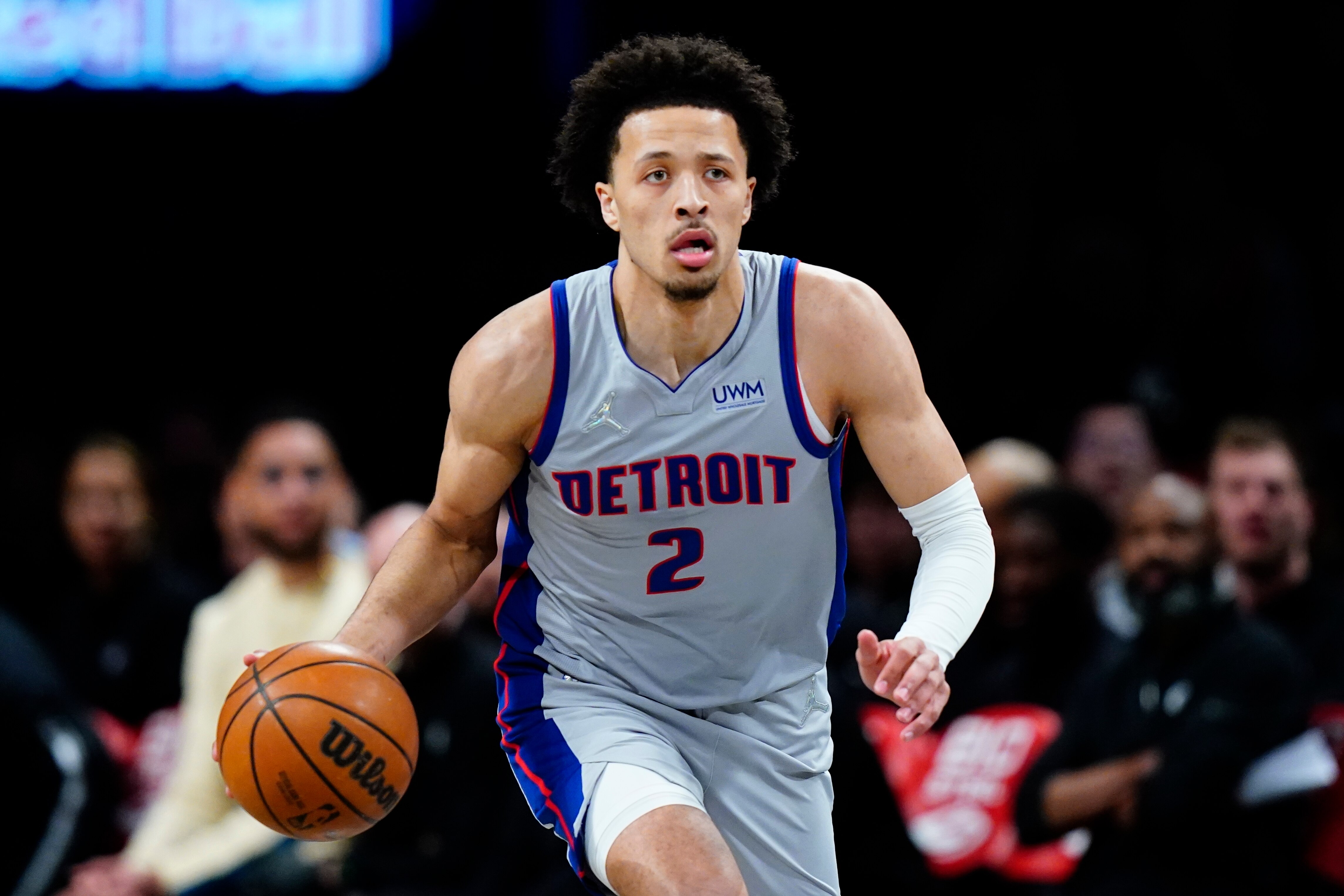 Detroit Pistons' Cade Cunningham (2) during the first half of an NBA basketball game against the Brooklyn Nets Tuesday, March 29, 2022 in New York. (AP Photo/Frank Franklin II)