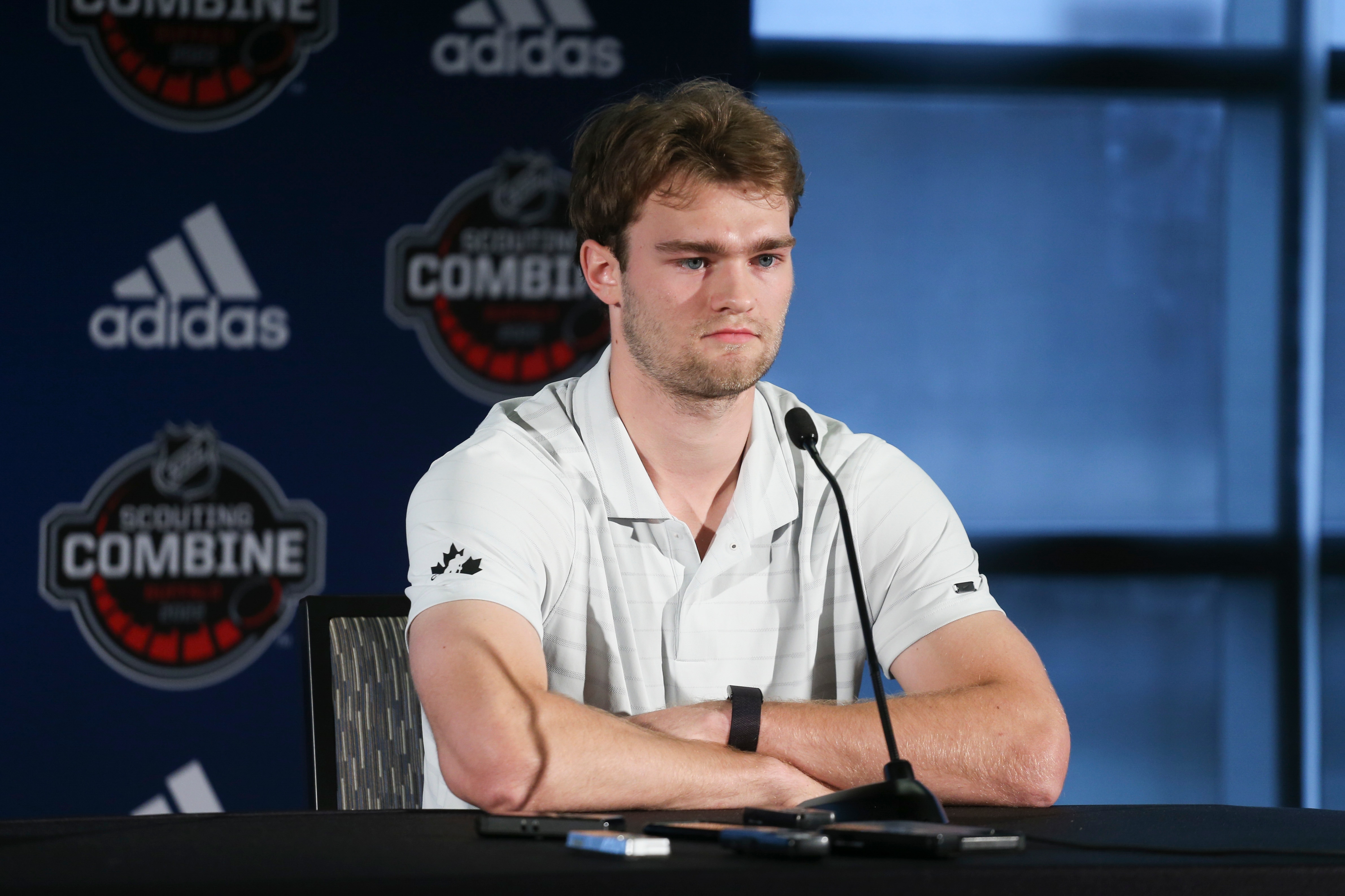 BUFFALO, NEW YORK - JUNE 03: Shane Wright speaks at the Top Prospects Media Availability at the NHL Scouting Combine at HarborCenter on June 03, 2022 in Buffalo, New York. (Photo by Joshua Bessex/NHLI via Getty Images)