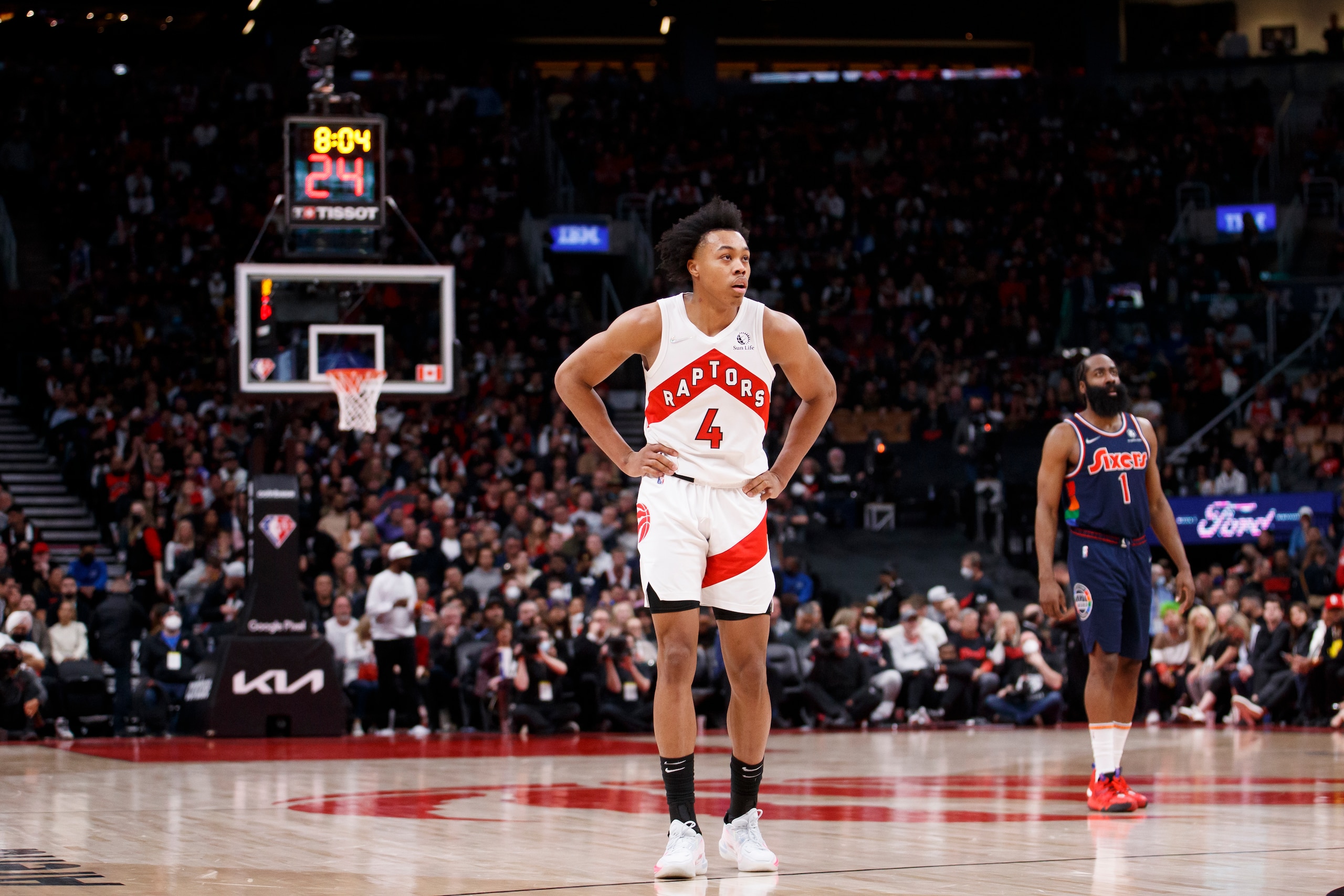 TORONTO, ON - APRIL 28:  Scottie Barnes #4 of the Toronto Raptors watches a free throw in the first half of Game Six of the Eastern Conference First Round against the Philadelphia 76ers at Scotiabank Arena on April 28, 2022 in Toronto, Canada. NOTE TO USER: User expressly acknowledges and agrees that, by downloading and or using this Photograph, user is consenting to the terms and conditions of the Getty Images License Agreement. (Photo by Cole Burston/Getty Images)