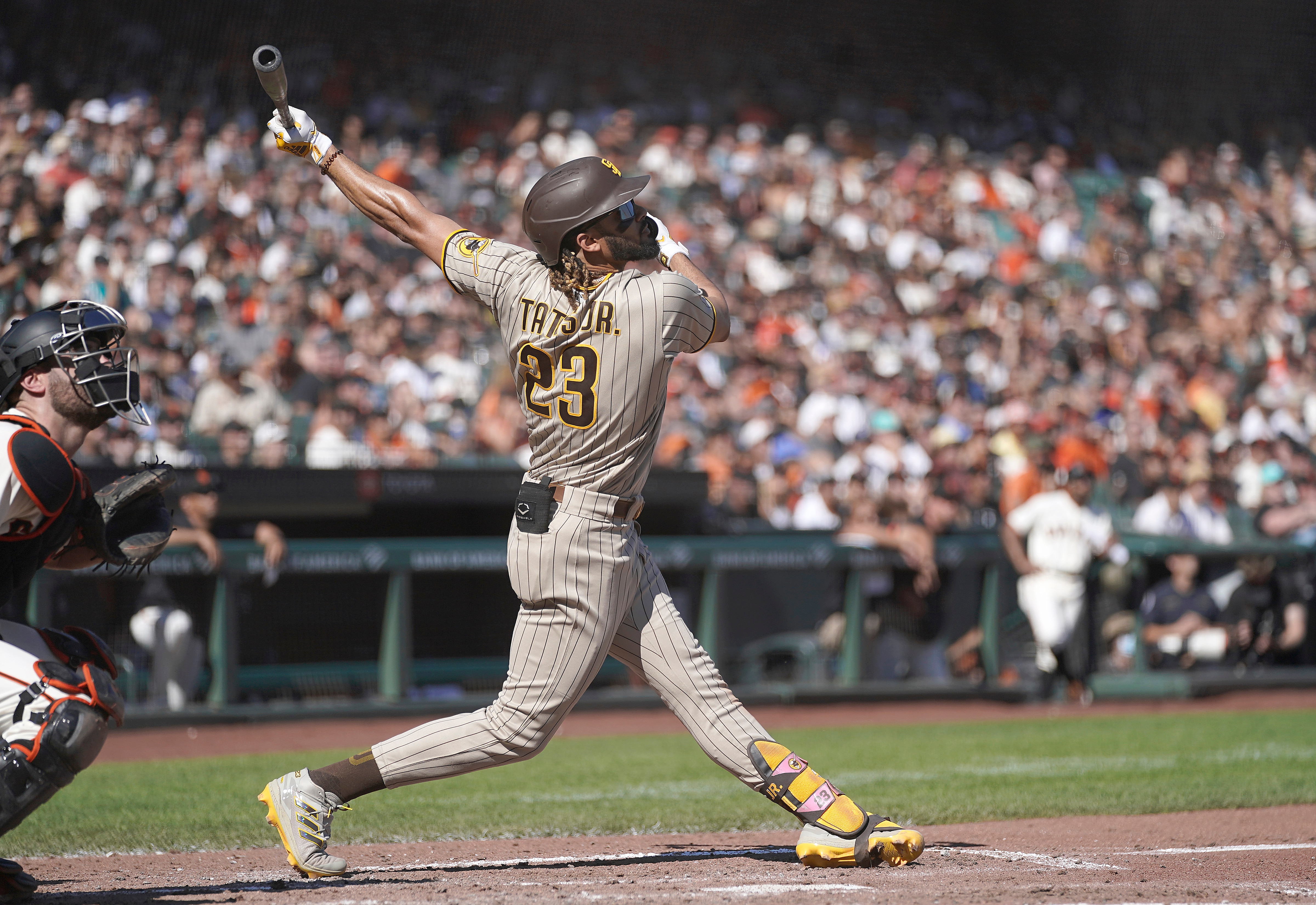 SAN FRANCISCO, CALIFORNIA - OCTOBER 02: Fernando Tatis Jr. #23 of the San Diego Padres bats against the San Francisco Giants in the top of the six inning at Oracle Park on October 02, 2021 in San Francisco, California. (Photo by Thearon W. Henderson/Getty Images)