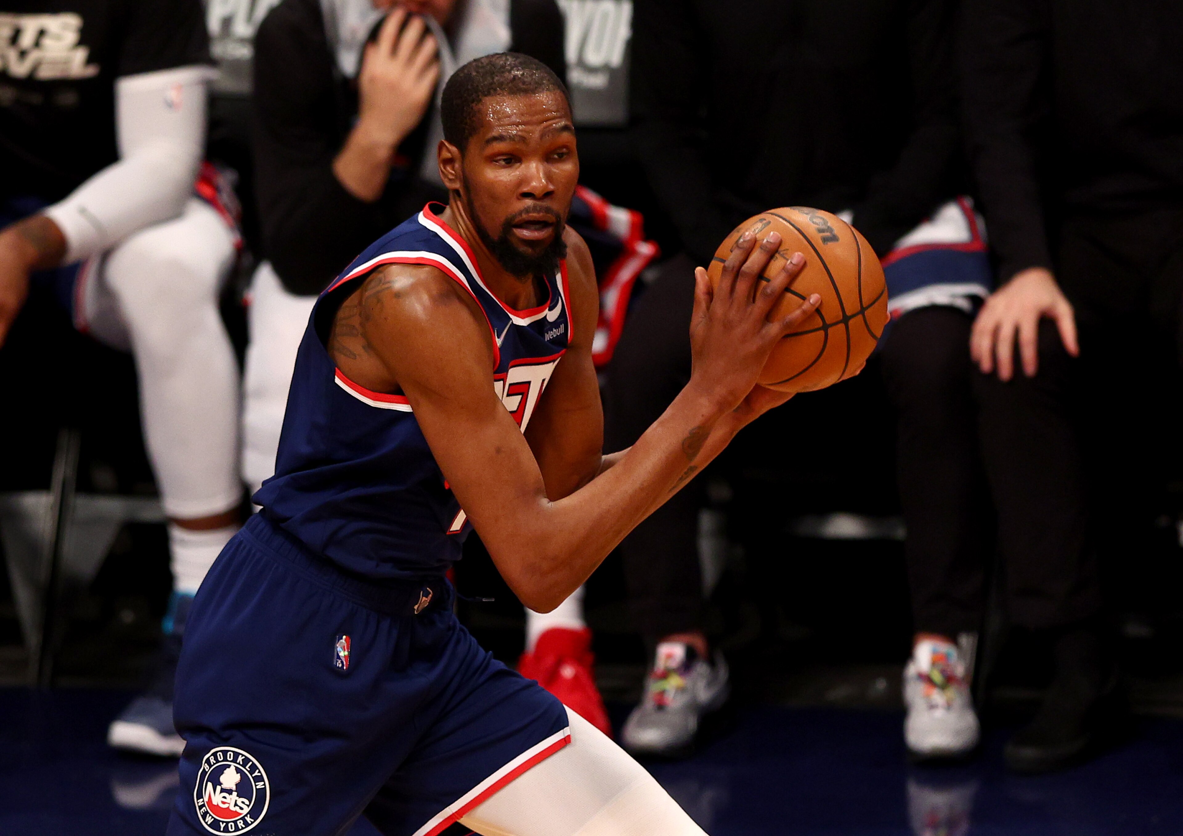 NEW YORK, NEW YORK - APRIL 25: Kevin Durant #7 of the Brooklyn Nets takes the ball during Game Four of the Eastern Conference First Round Playoffs against the Boston Celtics at Barclays Center on April 25, 2022 in the Brooklyn borough of New York City. NOTE TO USER: User expressly acknowledges and agrees that, by downloading and or using this photograph, User is consenting to the terms and conditions of the Getty Images License Agreement. (Photo by Elsa/Getty Images) NEW YORK, NEW YORK - APRIL 25: Kevin Durant #7 of the Brooklyn Nets takes the ball during Game Four of the Eastern Conference First Round Playoffs against the Boston Celtics at Barclays Center on April 25, 2022 in the Brooklyn borough of New York City. NOTE TO USER: User expressly acknowledges and agrees that, by downloading and or using this photograph, User is consenting to the terms and conditions of the Getty Images License Agreement. (Photo by Elsa/Getty Images)