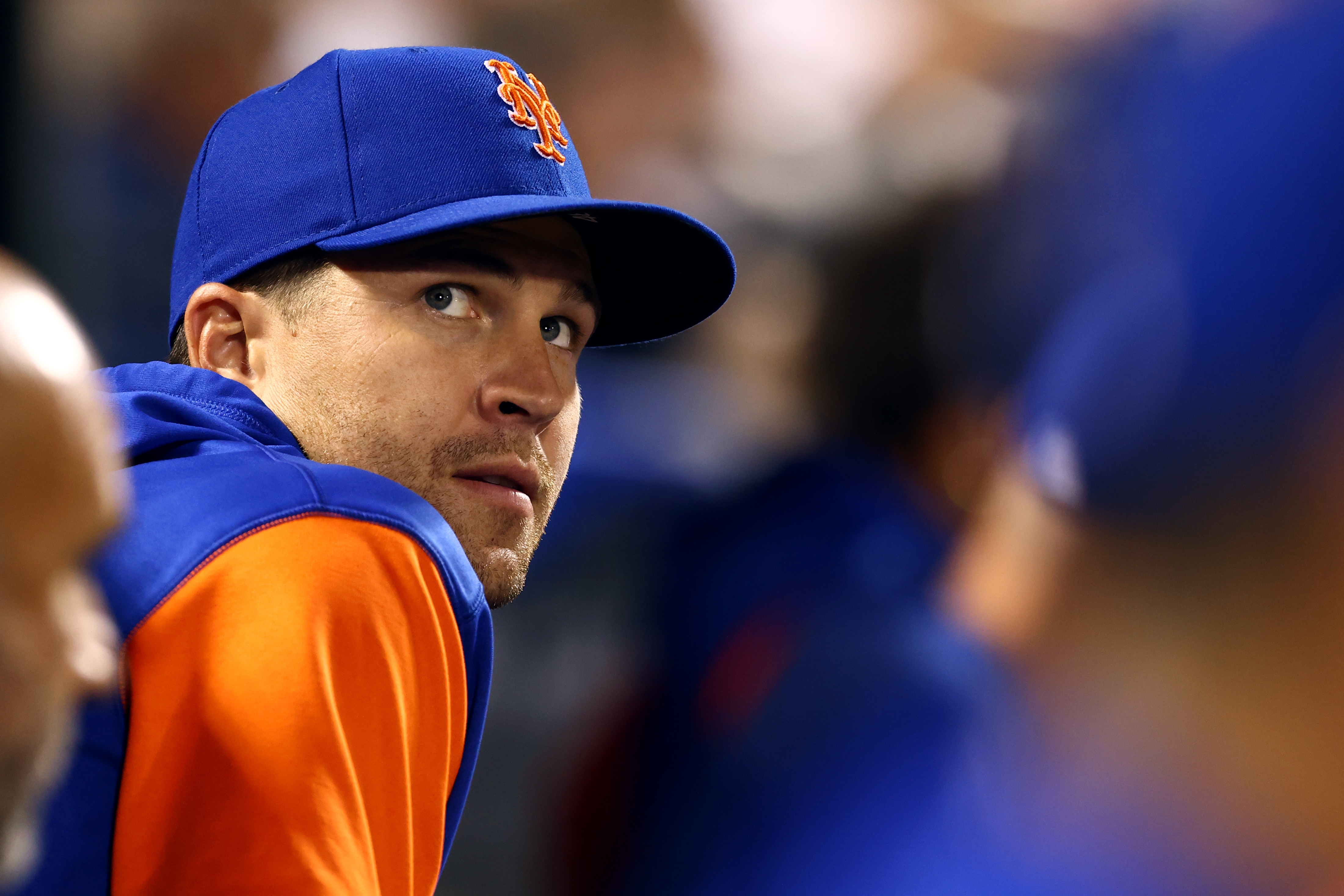 NEW YORK, NY - JUNE 14: Jacob deGrom #40 of the New York Mets in the dugout during a game against the Milwaukee Brewers at Citi Field on June 14, 2022 in New York City. The Mets defeated the Brewers 4-0. (Photo by Rich Schultz/Getty Images)