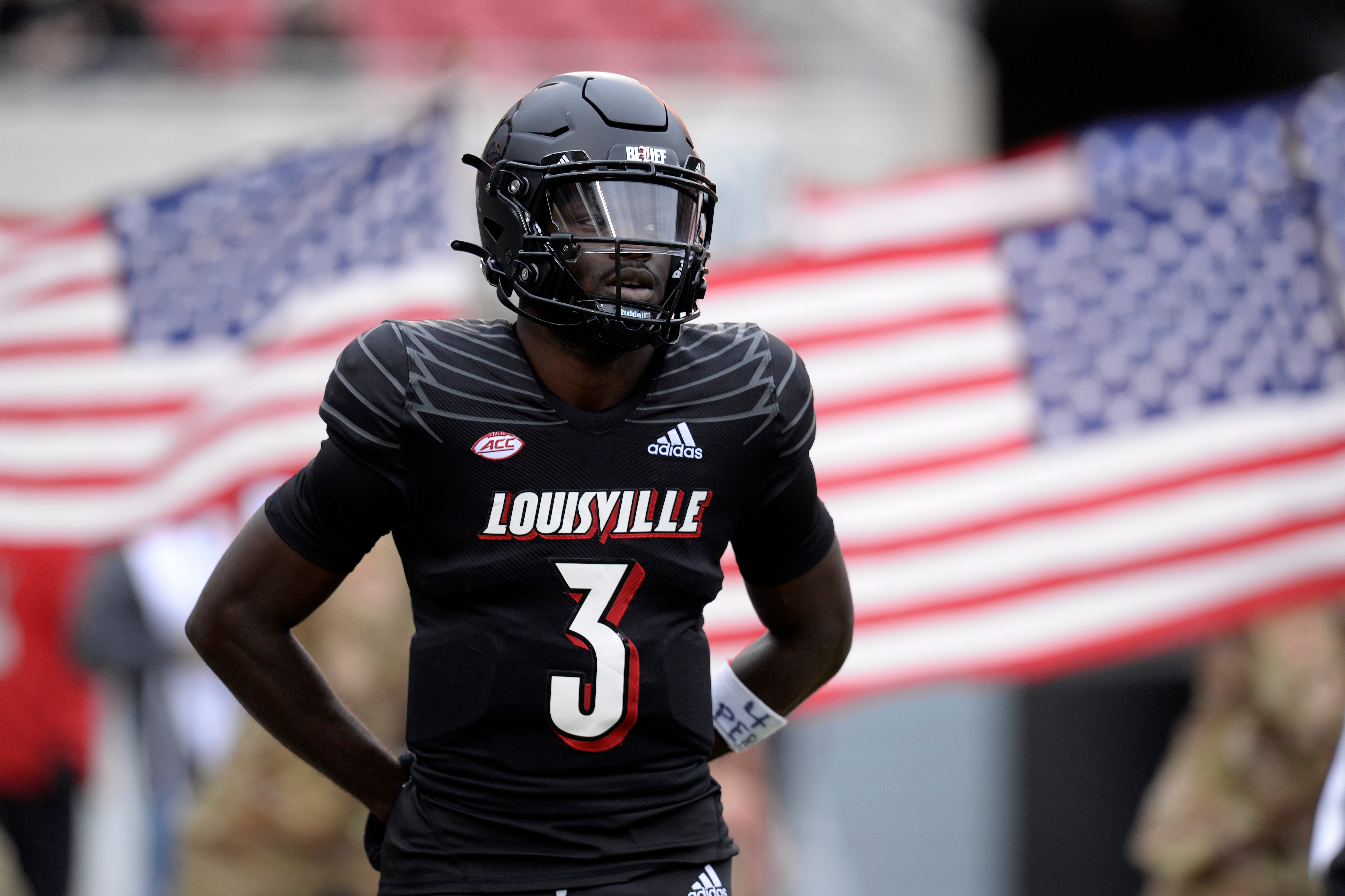 LOUISVILLE, KY - NOVEMBER 13: Louisville Cardinals quarterback Malik Cunningham (3) walks onto the field for the start of the college football game between the Syracuse Orange and the Louisville Cardinals on November 13, 2021, at Cardinal Stadium in Louisville, Kentucky. (Photo by Michael Allio/Icon Sportswire via Getty Images)