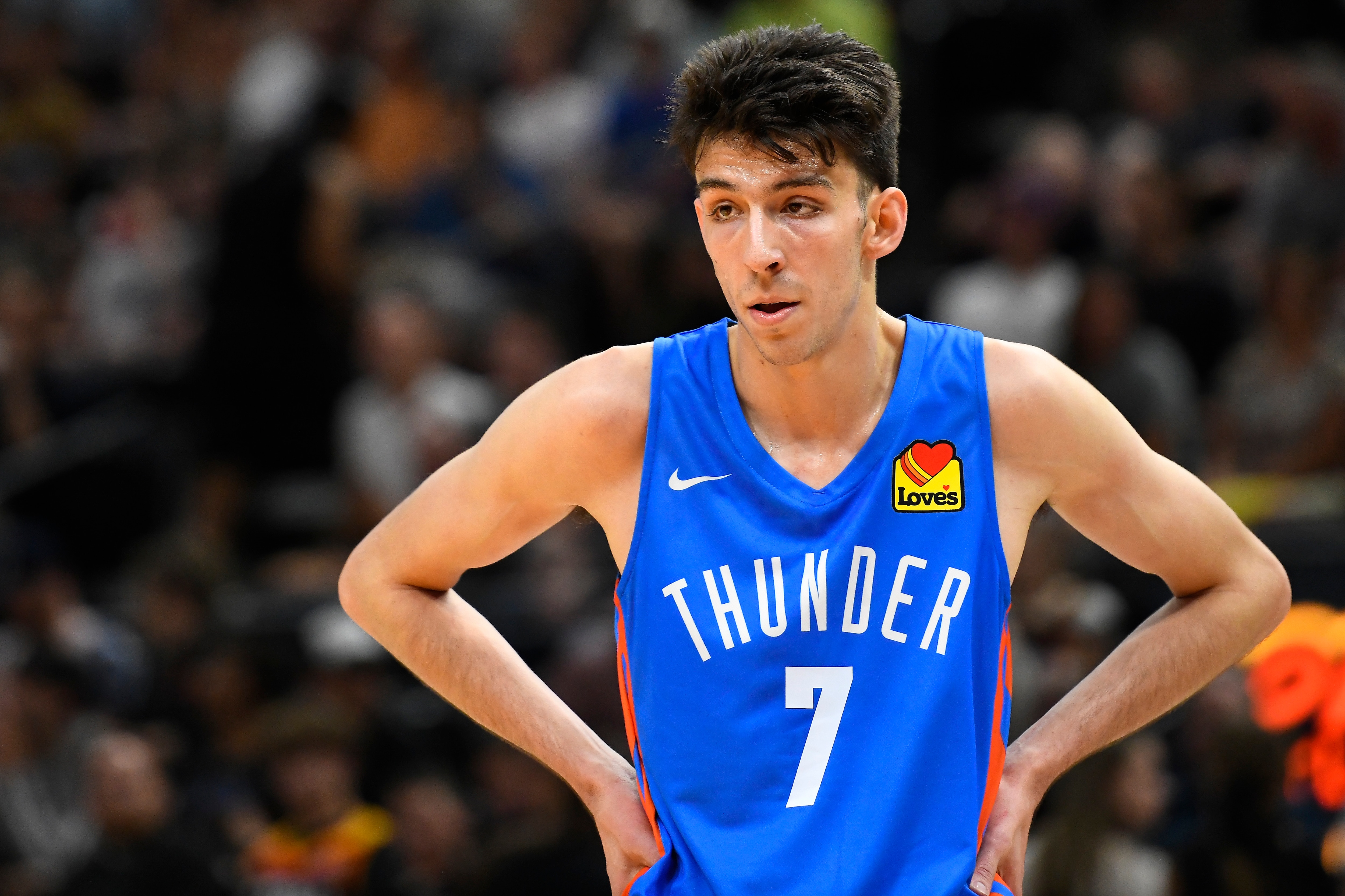 SALT LAKE CITY, UTAH - JULY 05: Chet Holmgren #7 of the Oklahoma City Thunder looks on during a NBA Summer League game against the Utah Jazz at Vivint Arena on July 05, 2022 in Salt Lake City, Utah. NOTE TO USER: User expressly acknowledges and agrees that, by downloading and/or using this Photograph, user is consenting to the terms and conditions of the Getty Images License Agreement. (Photo by Alex Goodlett/Getty Images)