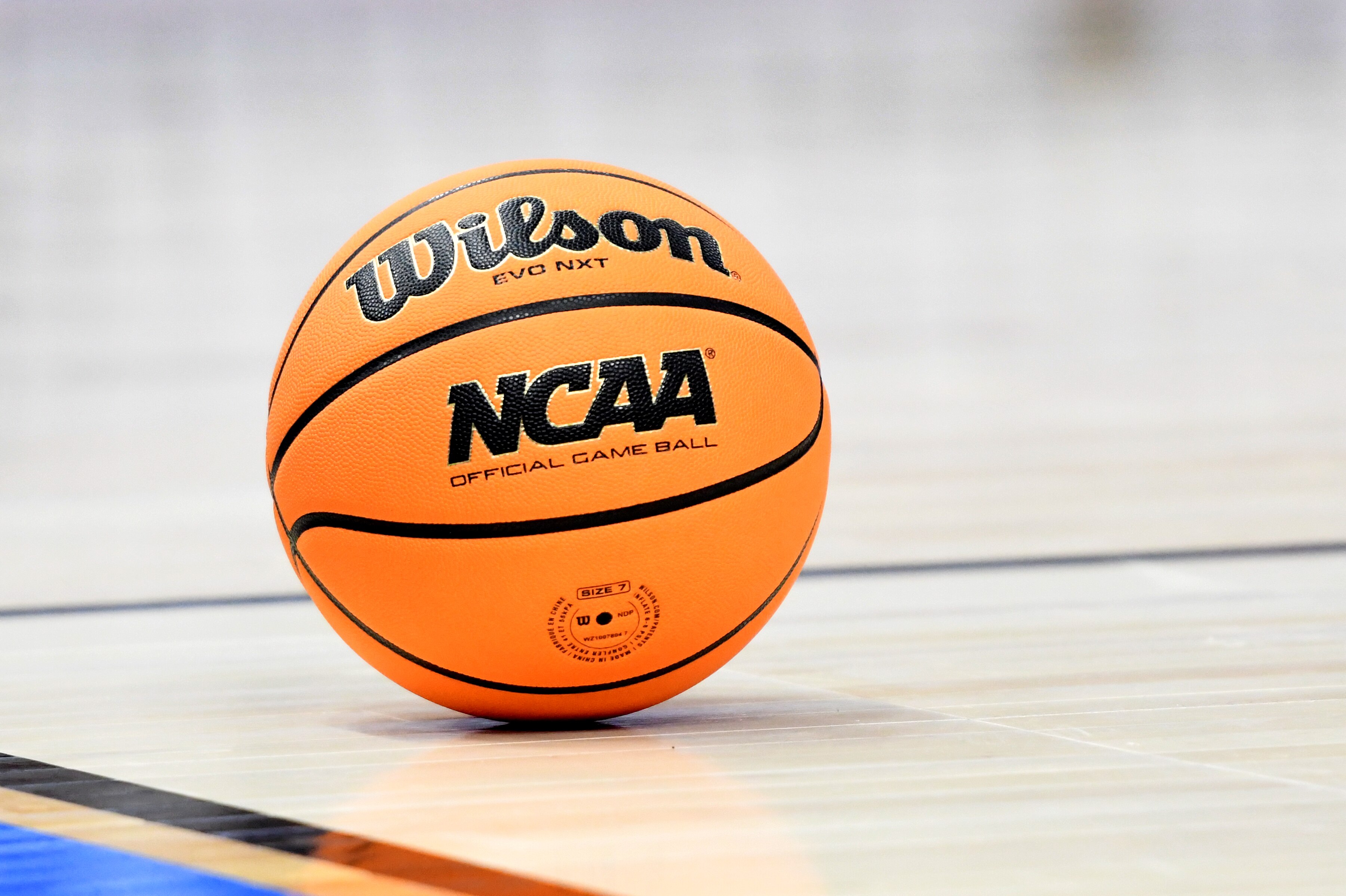 CHICAGO, ILLINOIS - MARCH 25:  A Wilson basketball on the floor during the NCAA Men's Basketball Tournament Sweet 16 game between the Providence Friars andthe Kansas Jayhawks at the United Center Center on March 25, 2022 in Chicago, Illinois.  (Photo by Mitchell Layton/Getty Images)