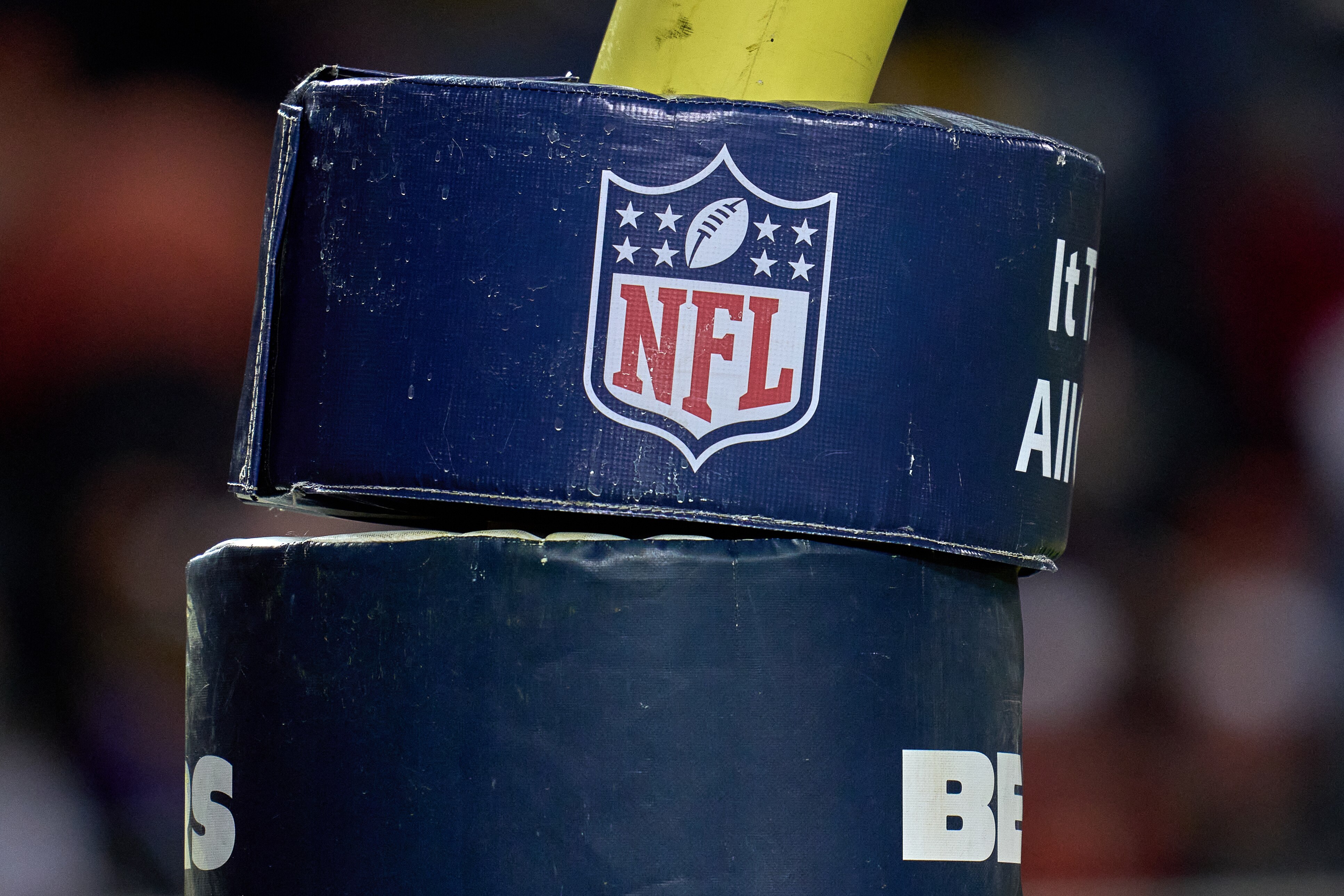 CHICAGO, IL - DECEMBER 20: A detail view of a NFL logo crest is seen on a goal post pad during a game between the Chicago Bears and the Minnesota Vikings on December 20, 2021, at Soldier Field in Chicago, IL. (Photo by Robin Alam/Icon Sportswire via Getty Images)