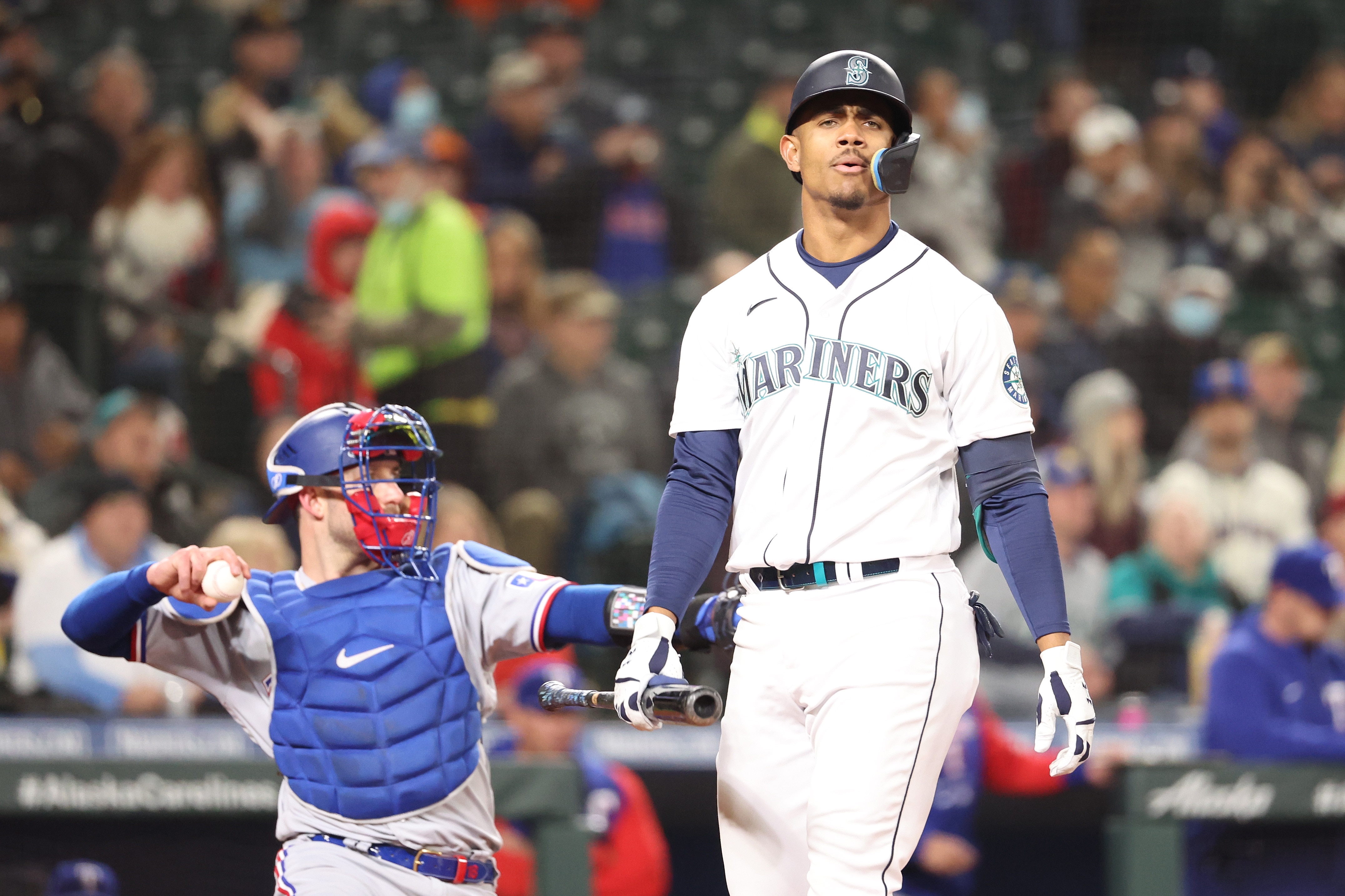 SEATTLE, WASHINGTON - APRIL 21: Julio Rodriguez #44 of the Seattle Mariners reacts after striking out against the Texas Rangers during the third inning at T-Mobile Park on April 21, 2022 in Seattle, Washington. (Photo by Abbie Parr/Getty Images)