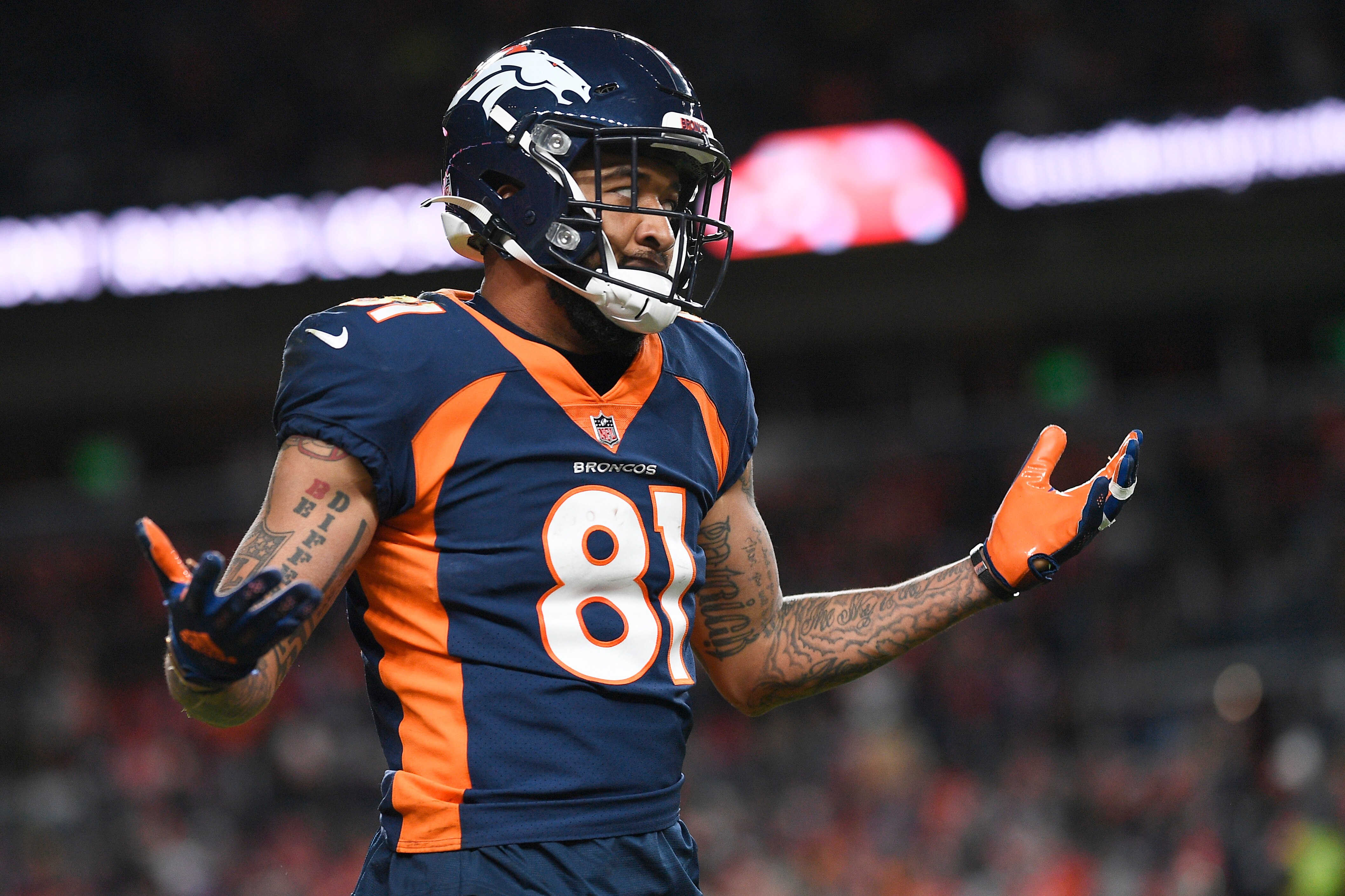 DENVER, COLORADO - JANUARY 08: Tim Patrick #81 of the Denver Broncos reacts after a non penalty call during the second half against the Kansas City Chiefs at Empower Field At Mile High on January 08, 2022 in Denver, Colorado. (Photo by Dustin Bradford/Getty Images)